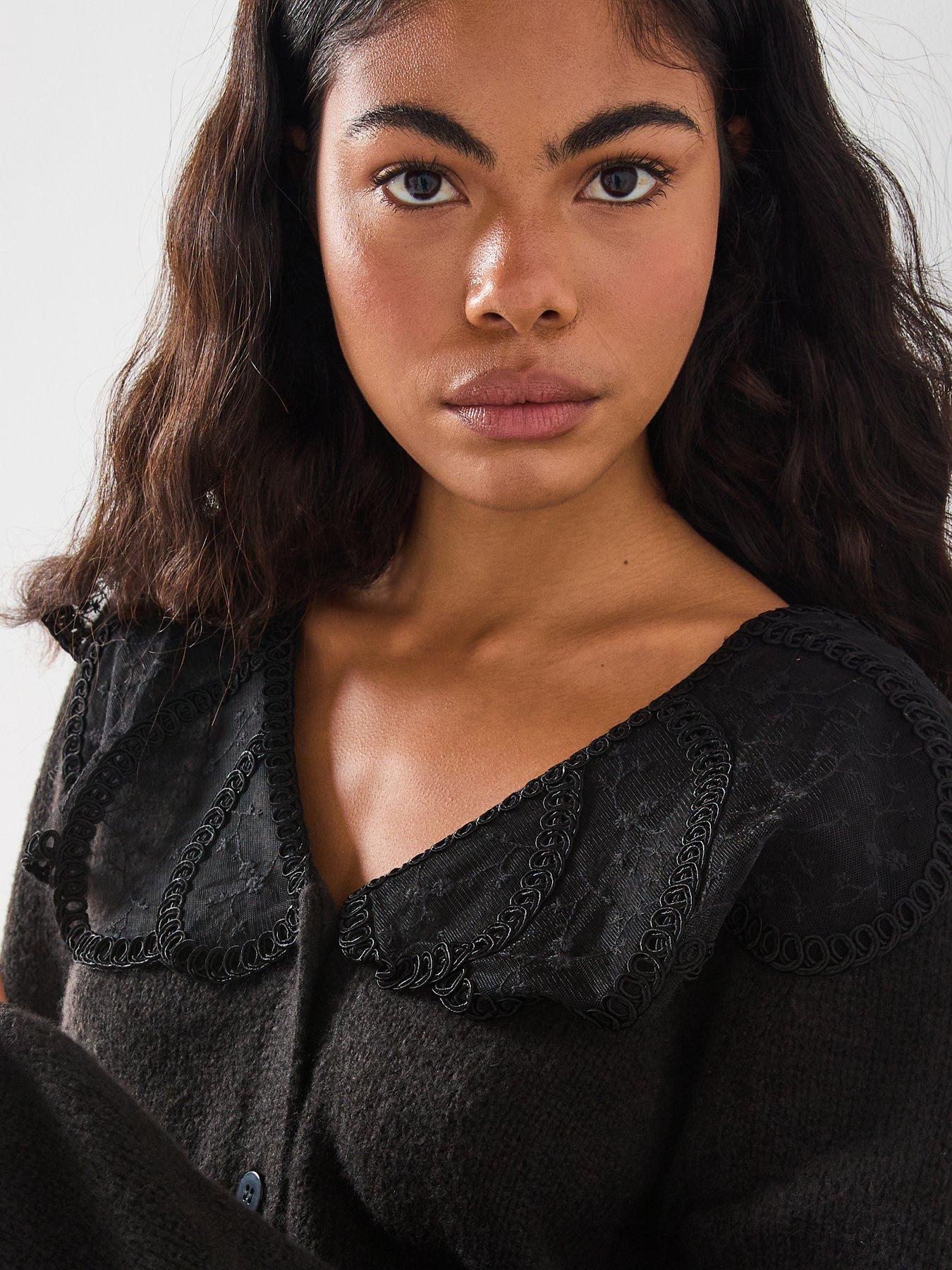 PIECES Abby Long Sleeve Lace Collar Knit Cardigan - Black | Very