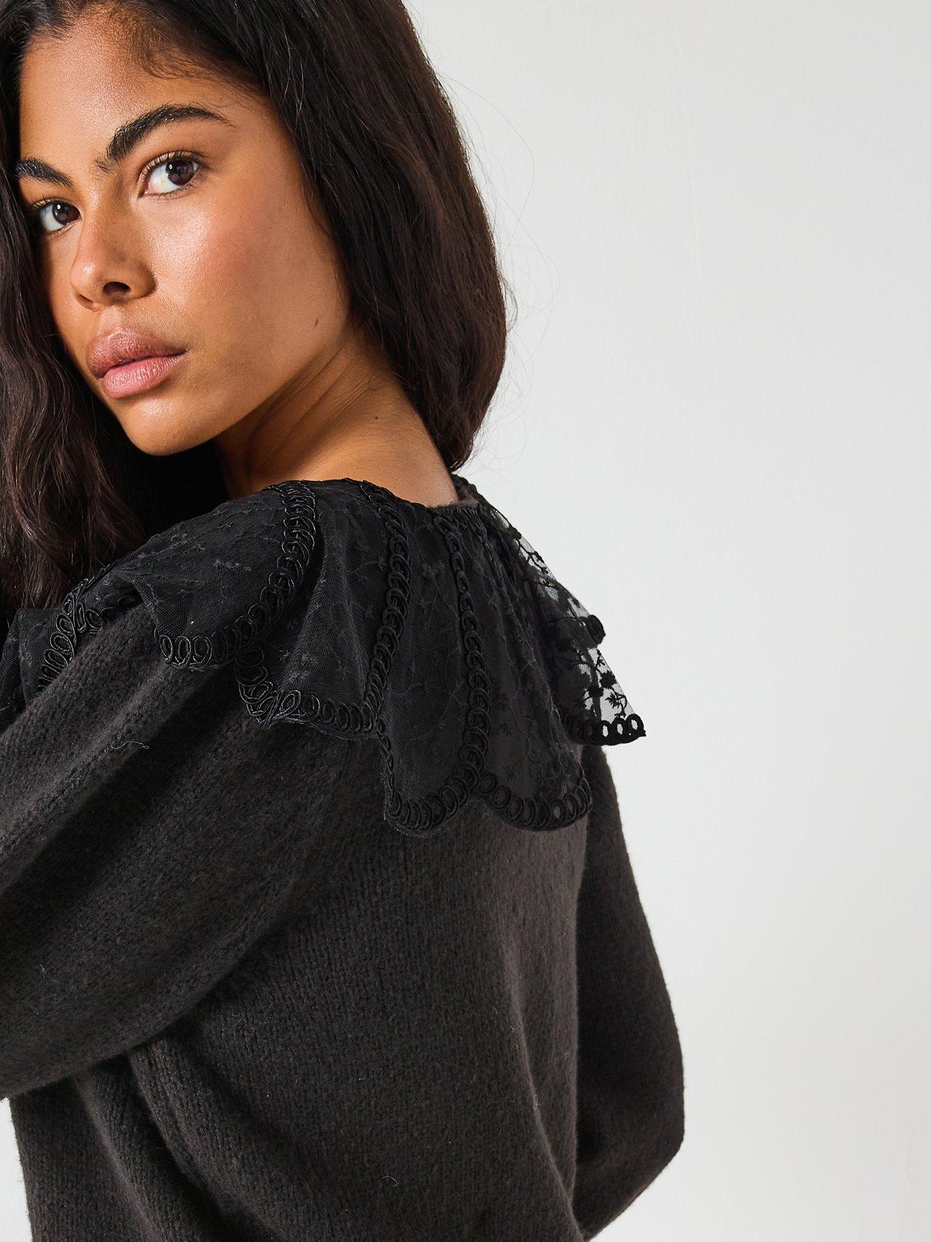 PIECES Abby Long Sleeve Lace Collar Knit Cardigan - Black | Very