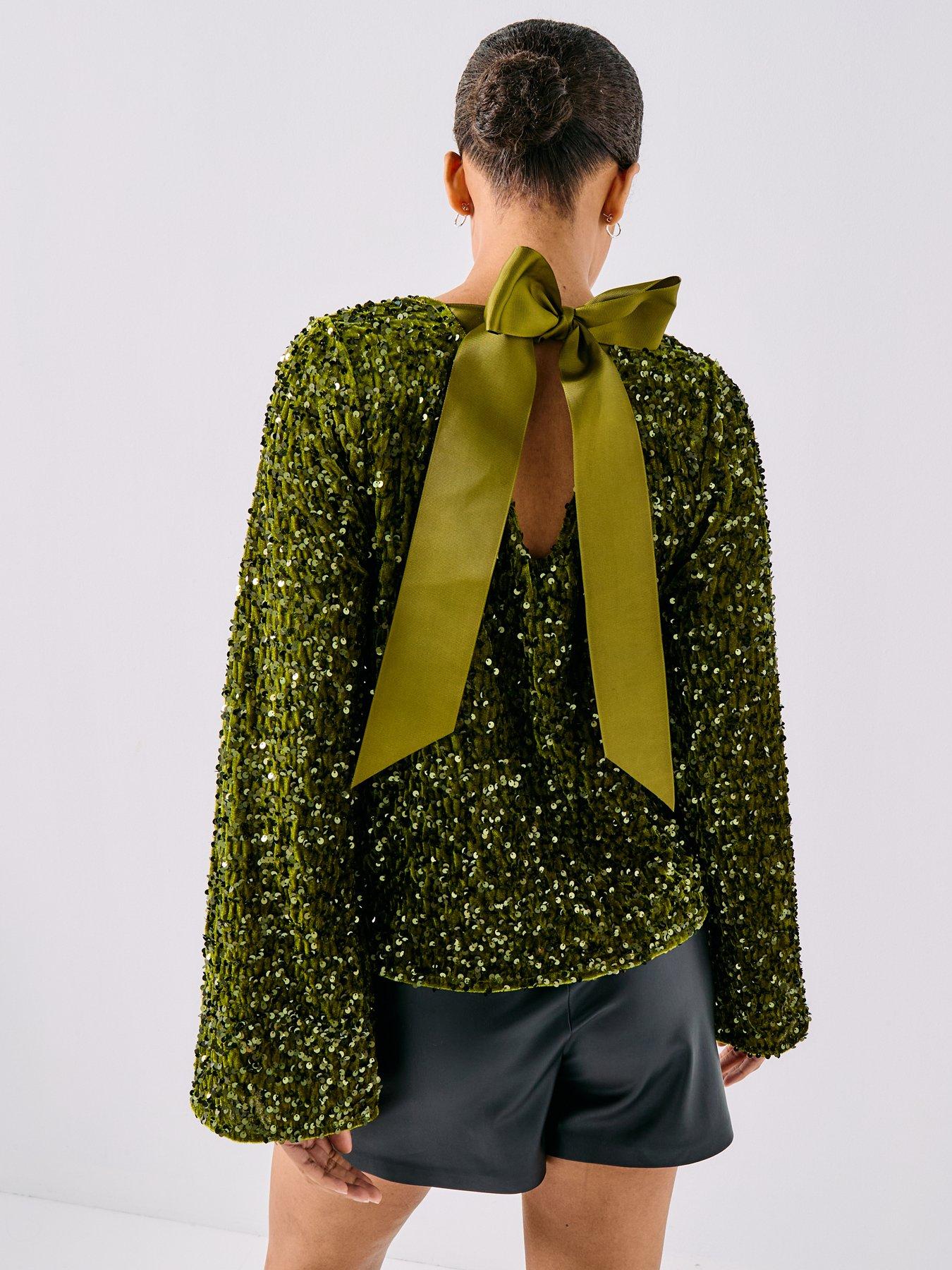 Image 2 of 6 of PIECES Long Sleeve Deep Back Bow Top - Green