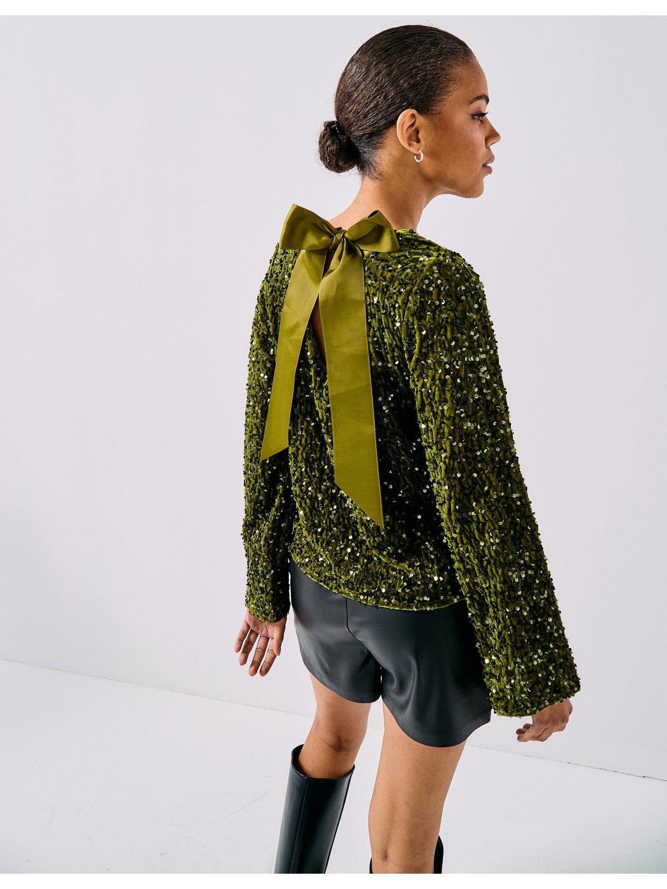 Image 5 of 6 of PIECES Long Sleeve Deep Back Bow Top - Green