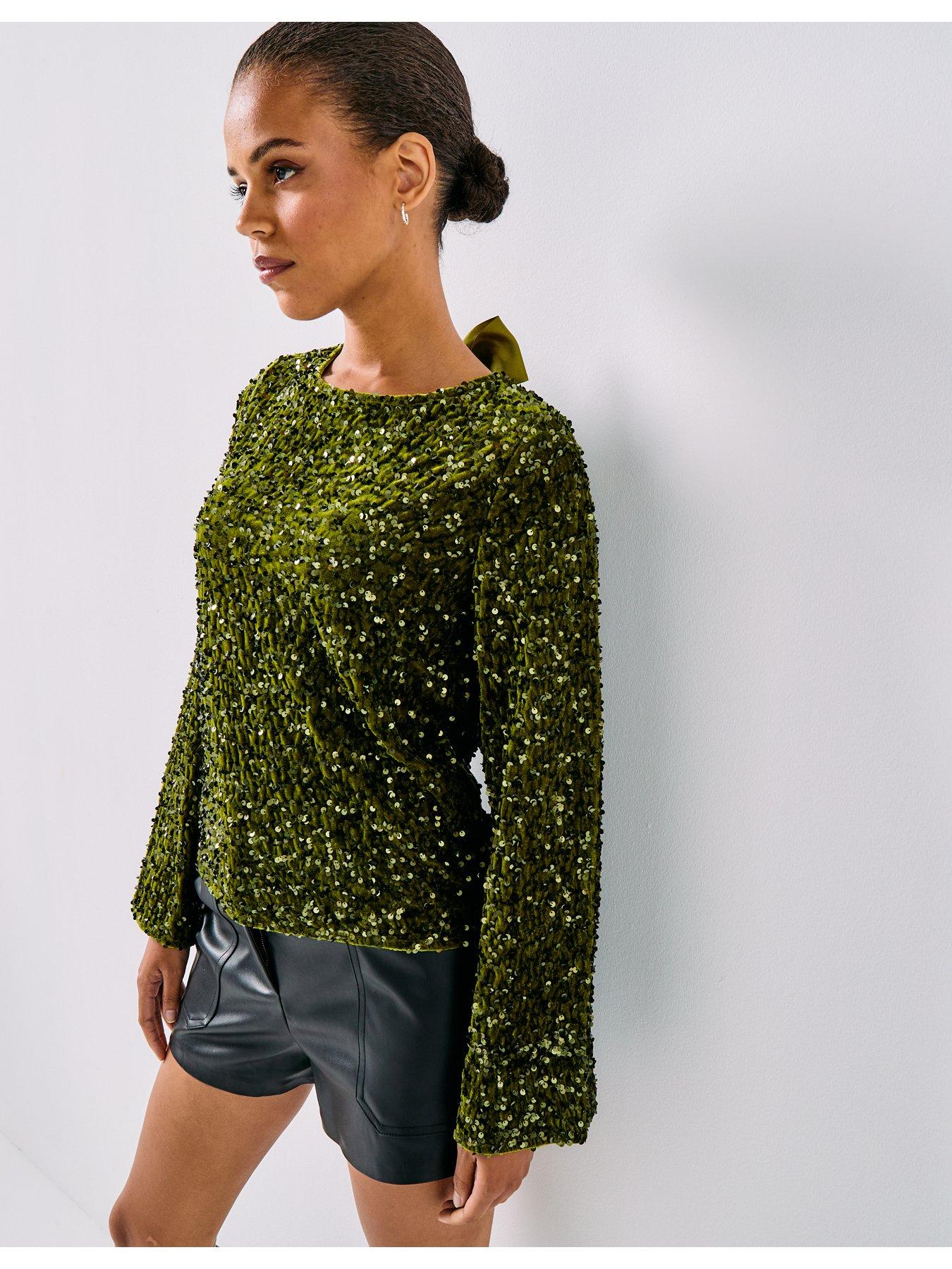 Image 6 of 6 of PIECES Long Sleeve Deep Back Bow Top - Green