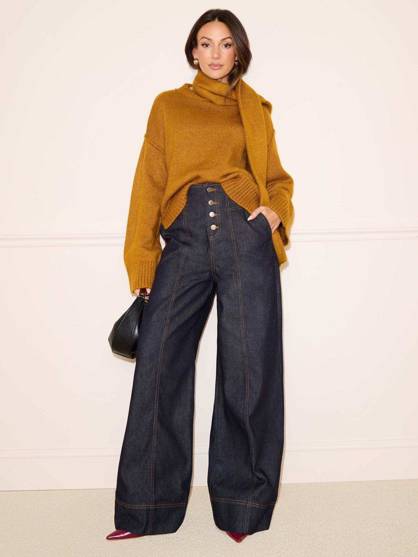 undefined Corset Seam Button Detail Wide Leg Jeans - Dark Wash