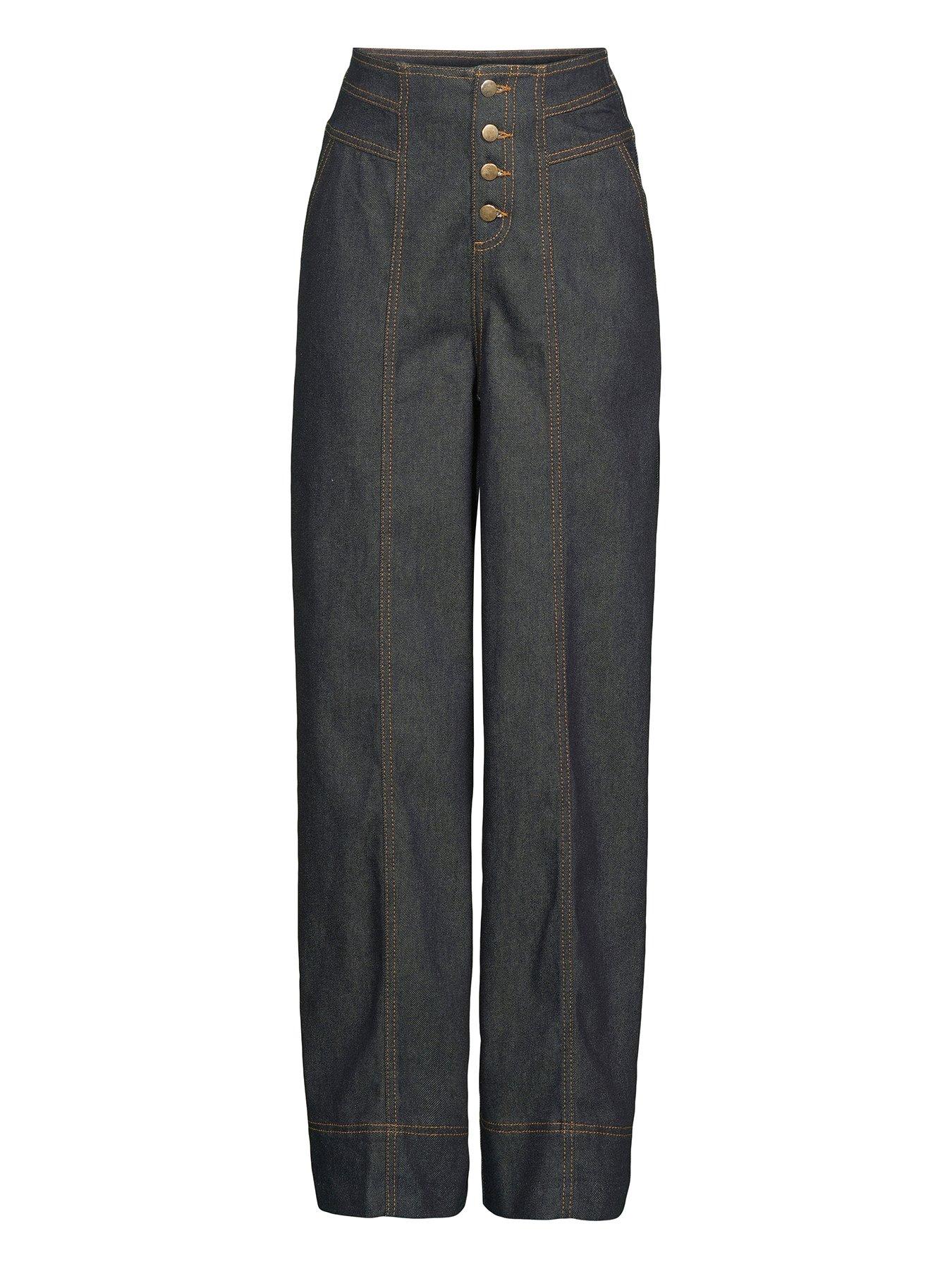 Image 3 of 3 of Michelle Keegan Corset Seam Button Detail Wide Leg Jeans - Dark Wash