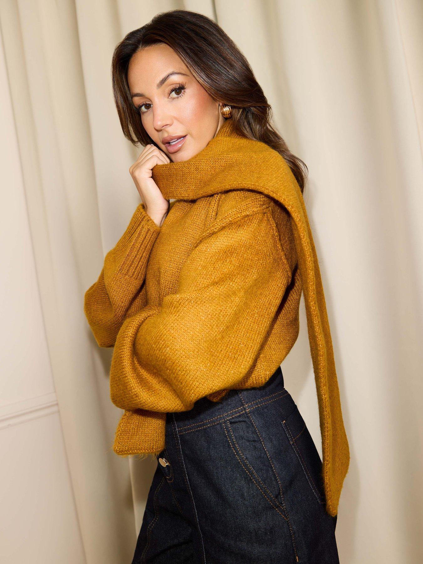 Michelle Keegan Premium Scarf Knitted Sweater Ochre Very