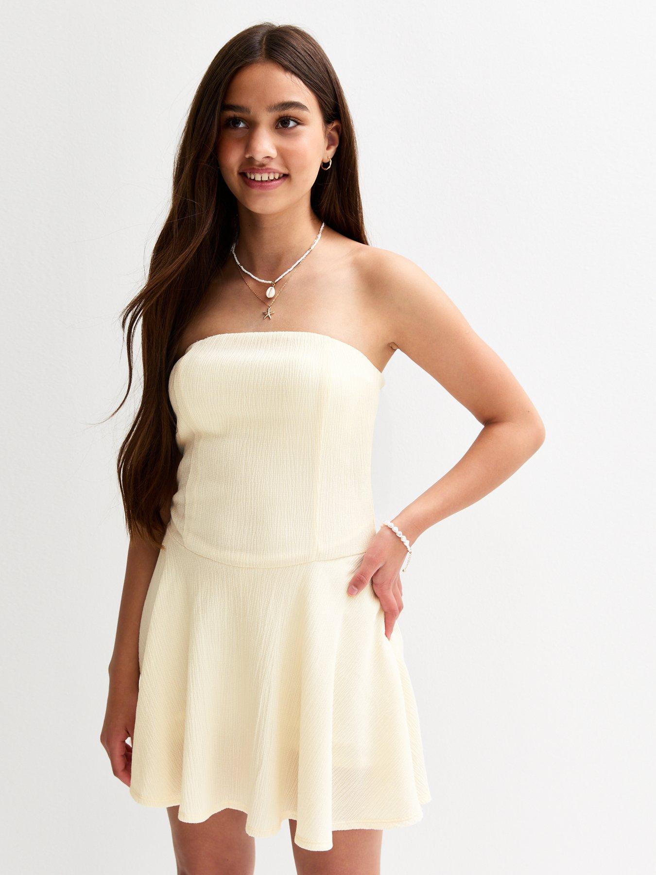 undefined Girls Cream Textured Bandeau Mini Dress - Yellow
