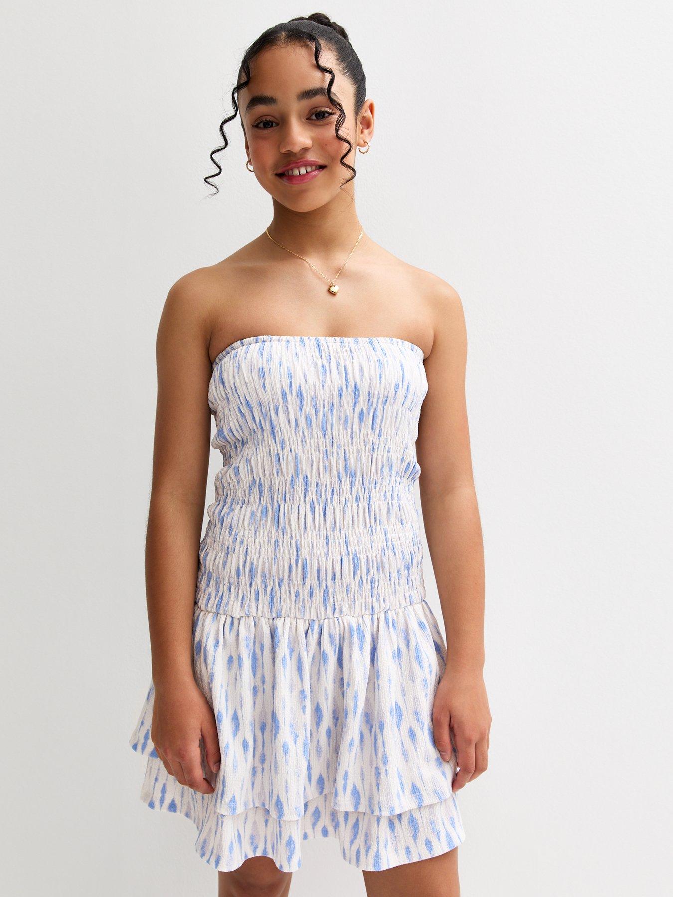 Image 1 of 4 of New Look 915 Girls Blue Textured Jersey Pattern Print Dress - Light Blue