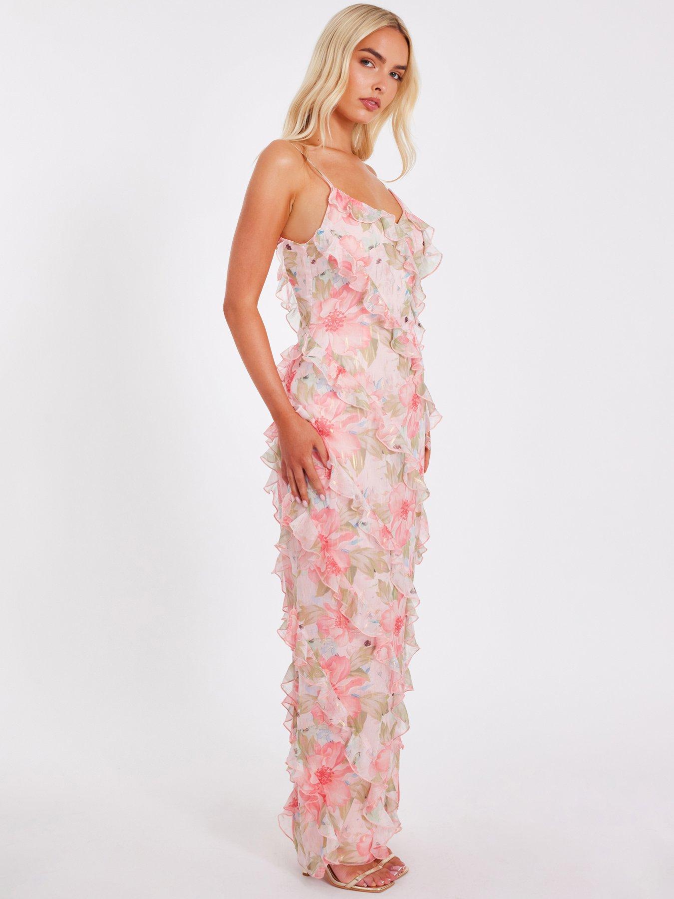 Image 3 of 6 of Quiz Coral Chiffon Floral Print Maxi Dress