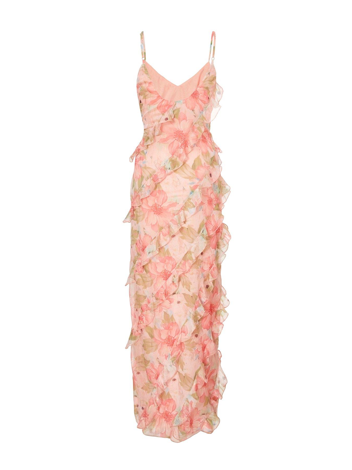 Image 5 of 6 of Quiz Coral Chiffon Floral Print Maxi Dress