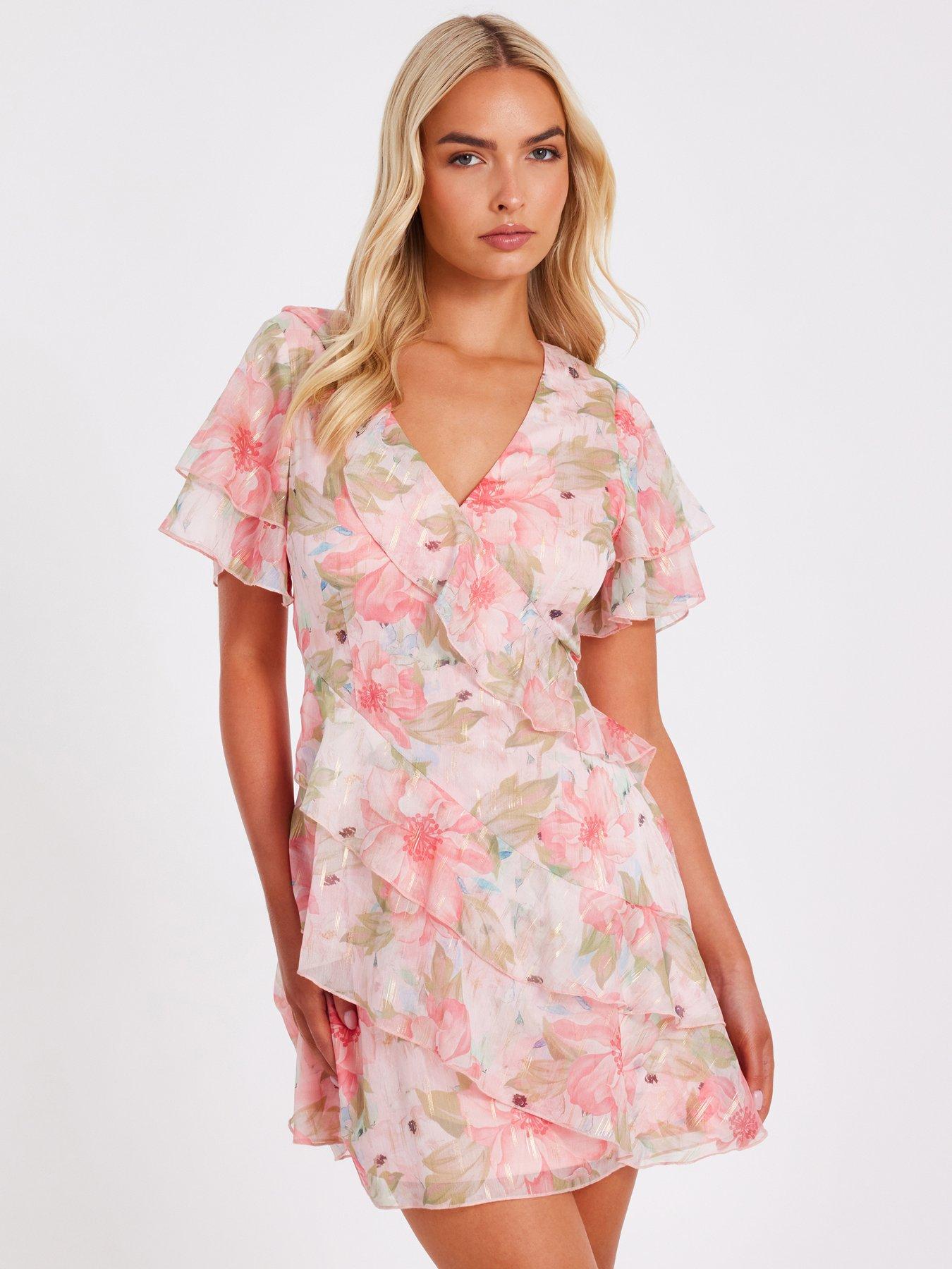 undefined Coral Chiffon Floral Print Skater Dress