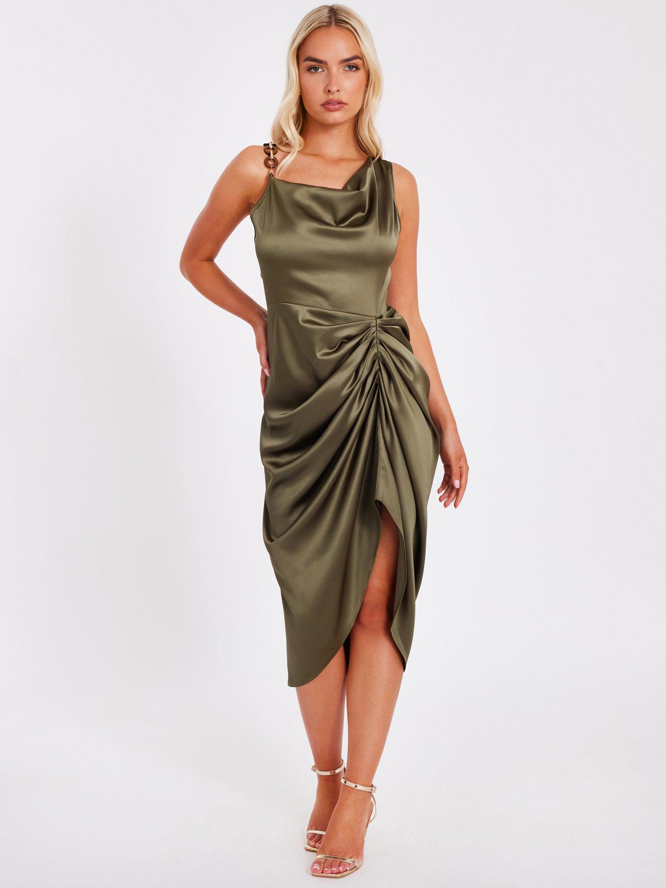 quiz satin ruched midi dress Quiz Khaki Satin Ruched Midi Dress