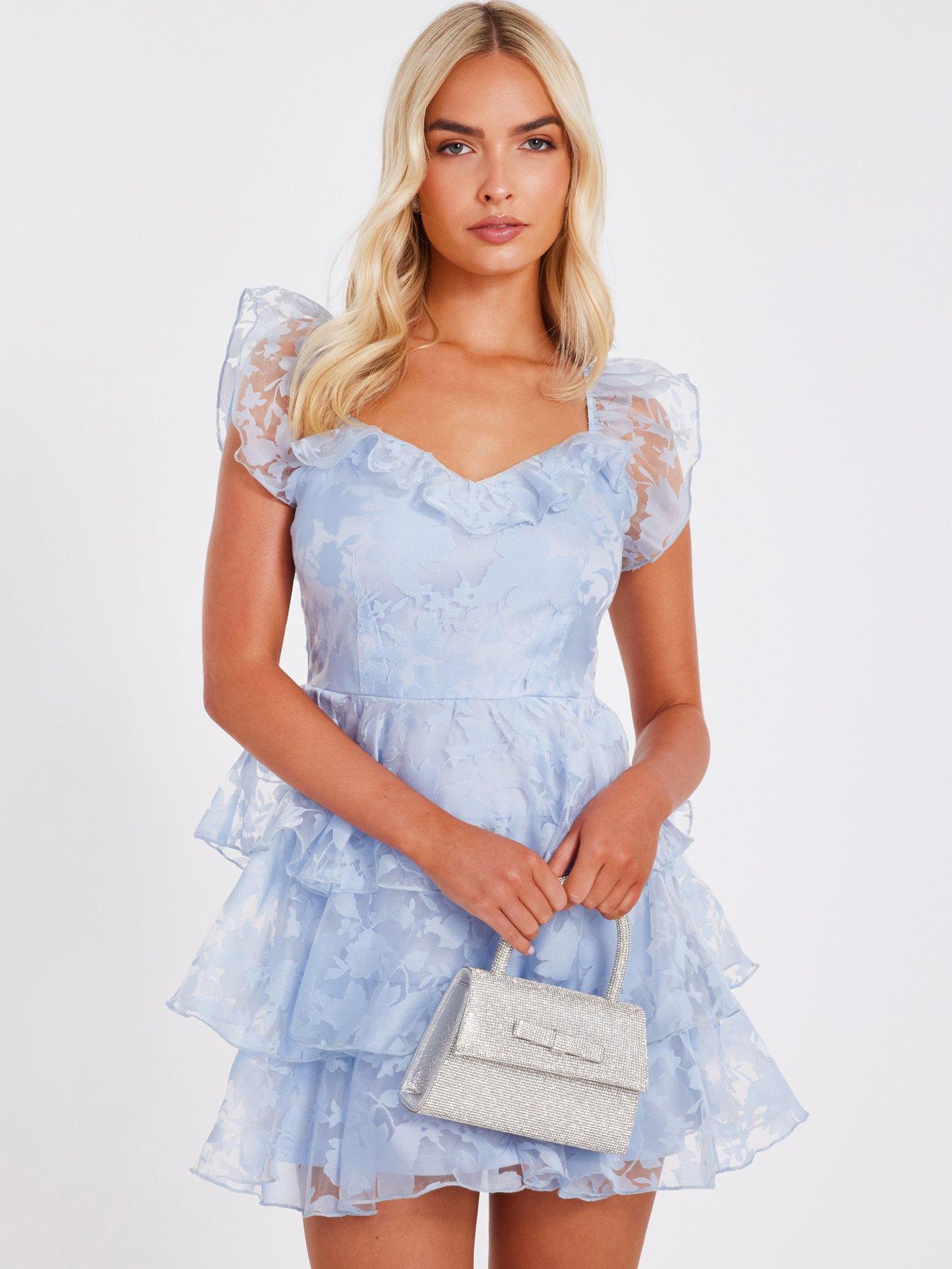 Quiz Light Blue Chiffon Floral Skater Dress