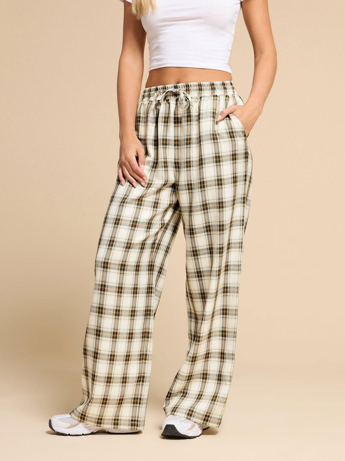 Image 1 of 4 of PixieGirl Petite Check Wide Leg Pull On Trouser - Brown