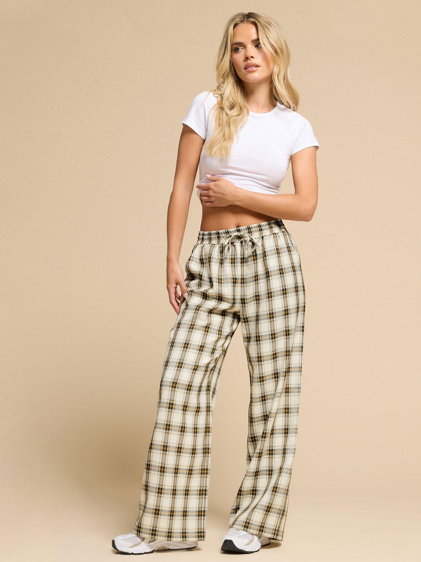 Image 3 of 4 of PixieGirl Petite Check Wide Leg Pull On Trouser - Brown