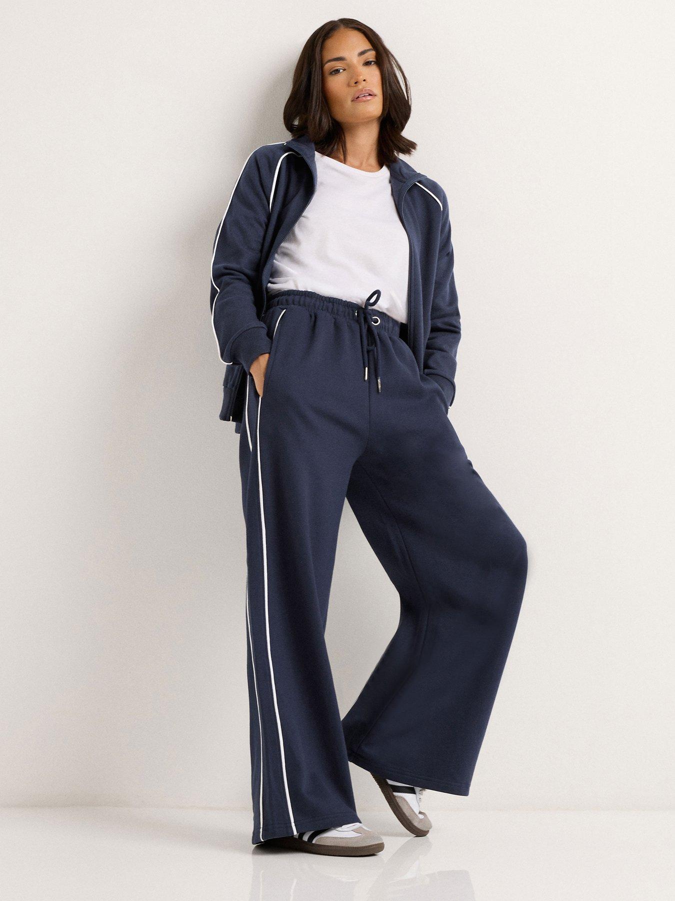 PixieGirl Petite Contrast Piping Wide Leg Jogger - Navy Blue