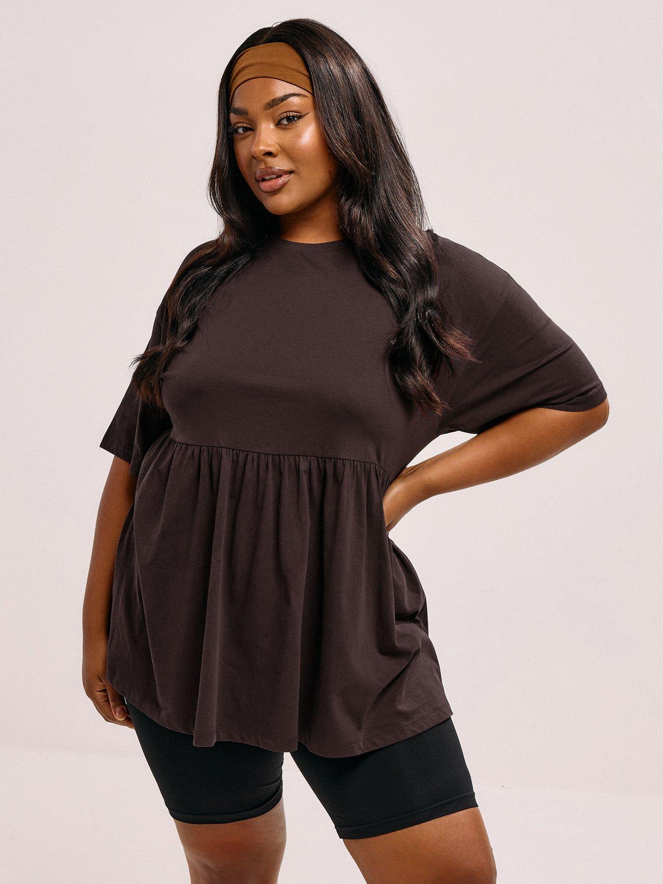 undefined Curve Short Sleeve Peplum Top - Brown