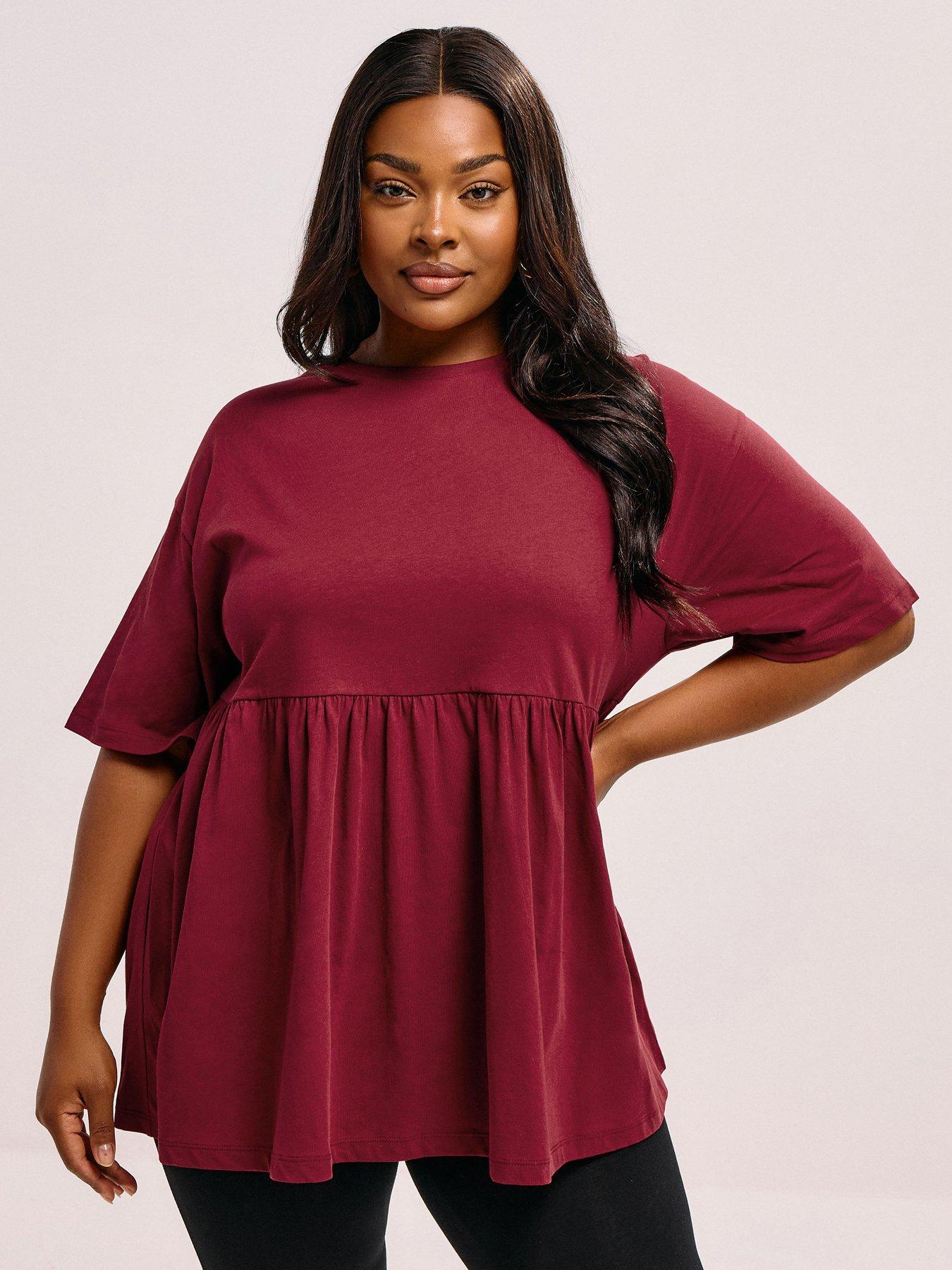 undefined Curve Short Sleeve Peplum Top - Burgundy Red