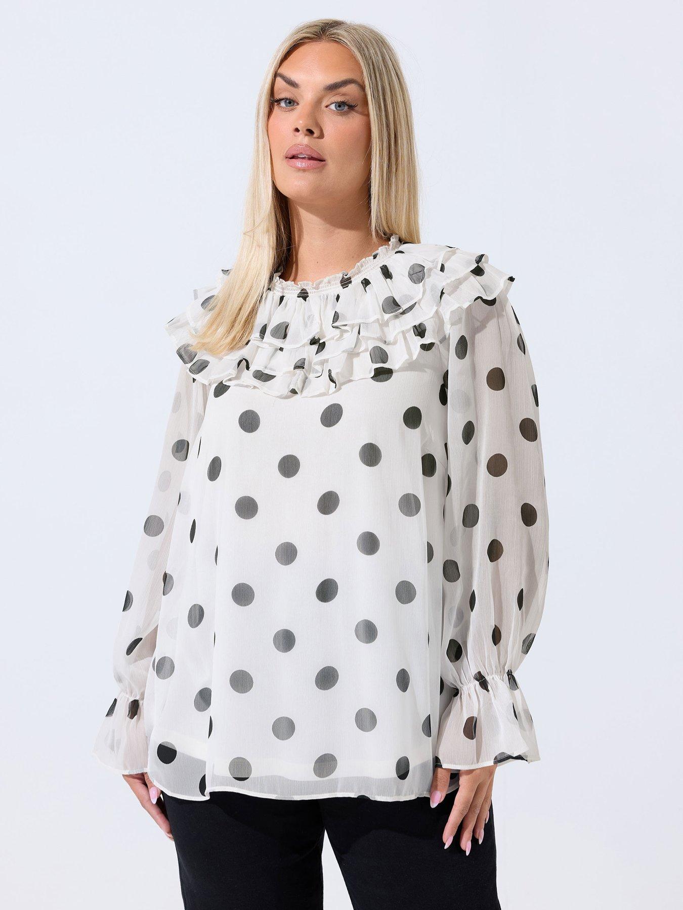 undefined Curve Polka Dot Frill Neck Blouse - White
