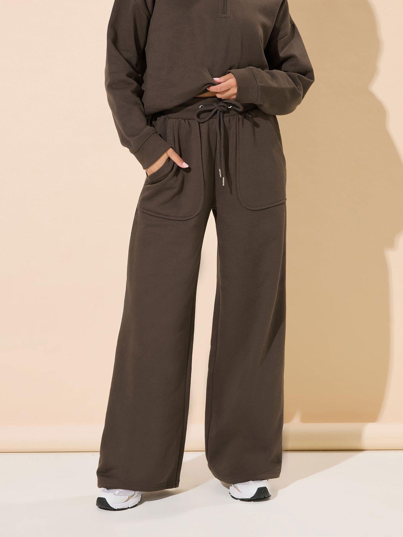 undefined Petite Patch Pocket Wide Leg Jogger - Brown
