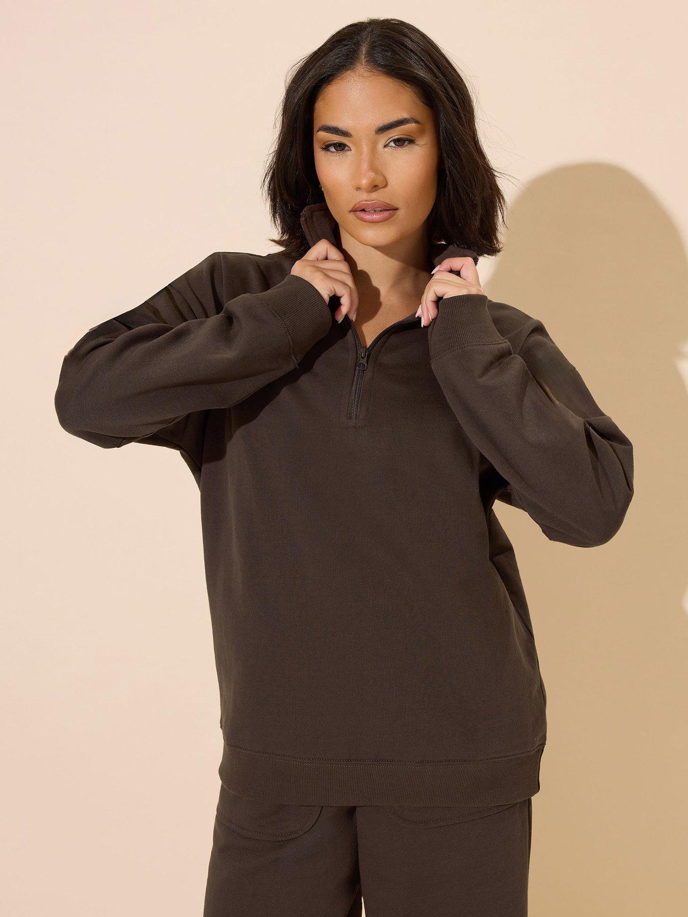undefined Petite Funnel Neck Zip Sweatshirt - Brown
