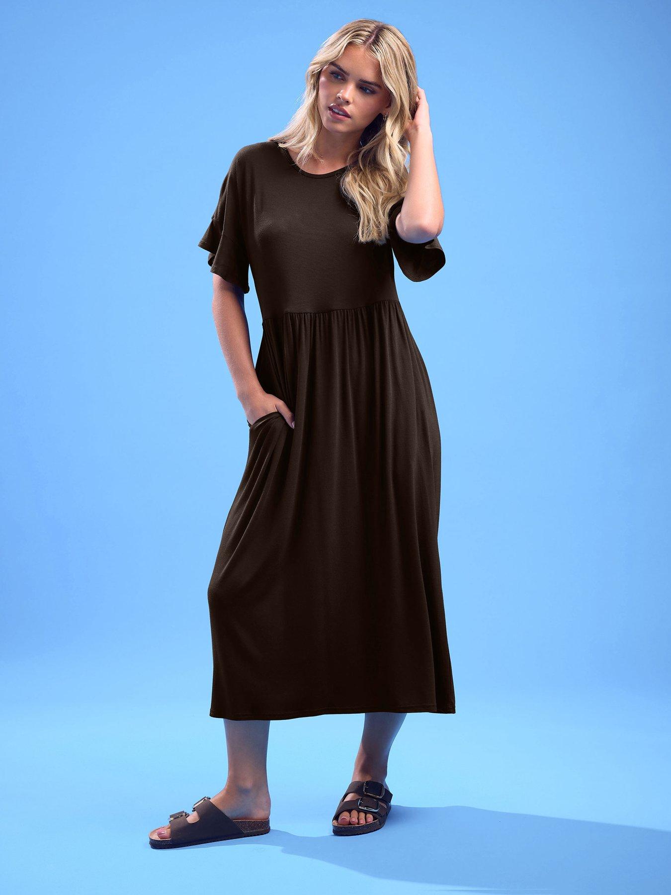 undefined Petite Short Sleeve Frill Midi Smock Dress - Brown