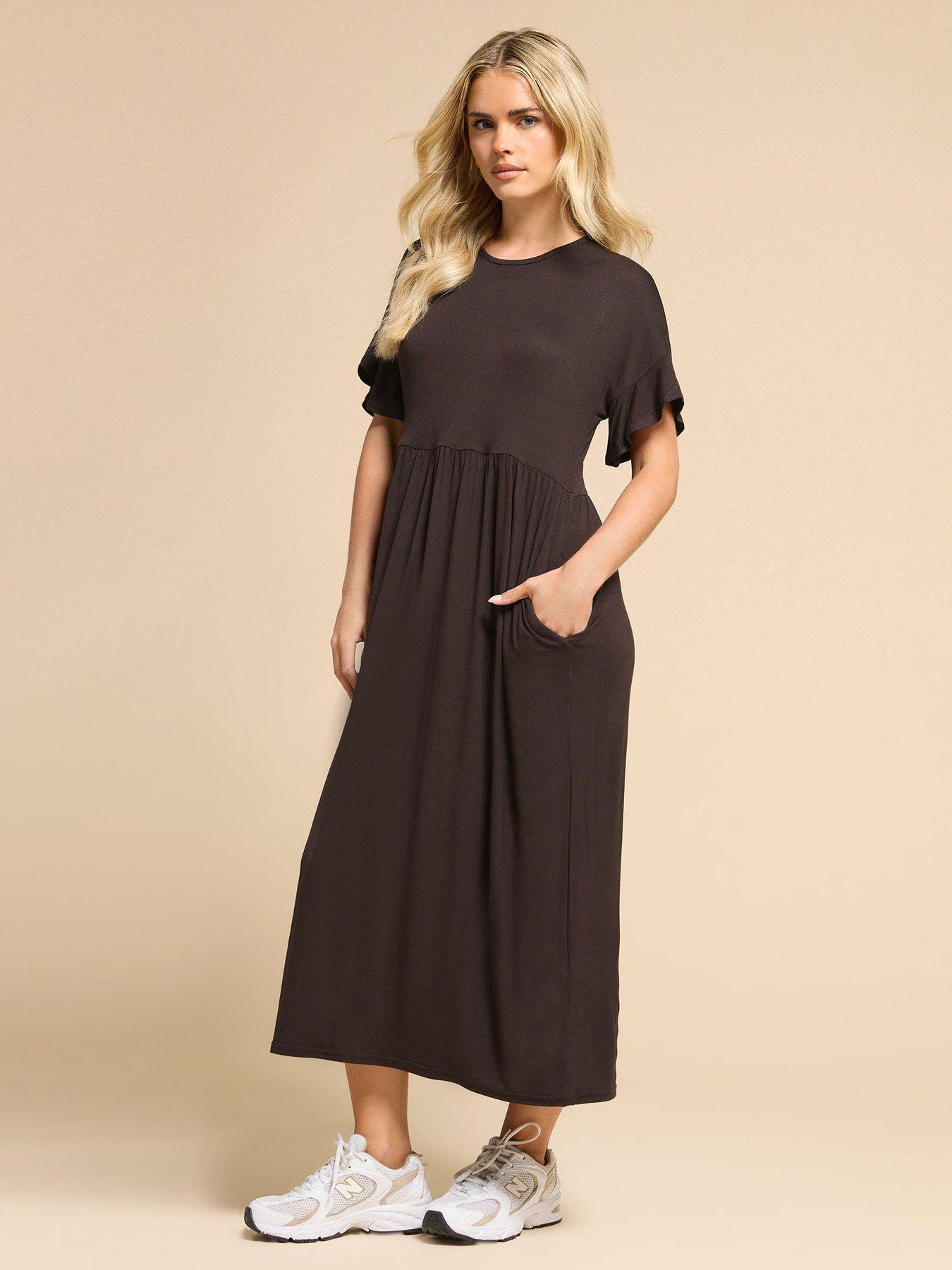 Image 1 of 4 of PixieGirl Petite Short Sleeve Frill Midi Smock Dress - Brown