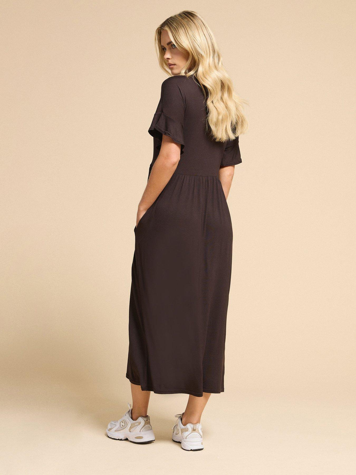 Image 2 of 4 of PixieGirl Petite Short Sleeve Frill Midi Smock Dress - Brown