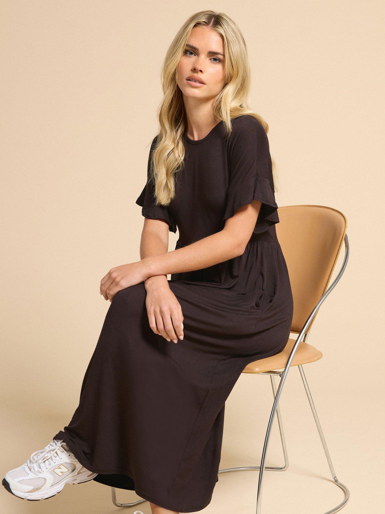 Image 3 of 4 of PixieGirl Petite Short Sleeve Frill Midi Smock Dress - Brown
