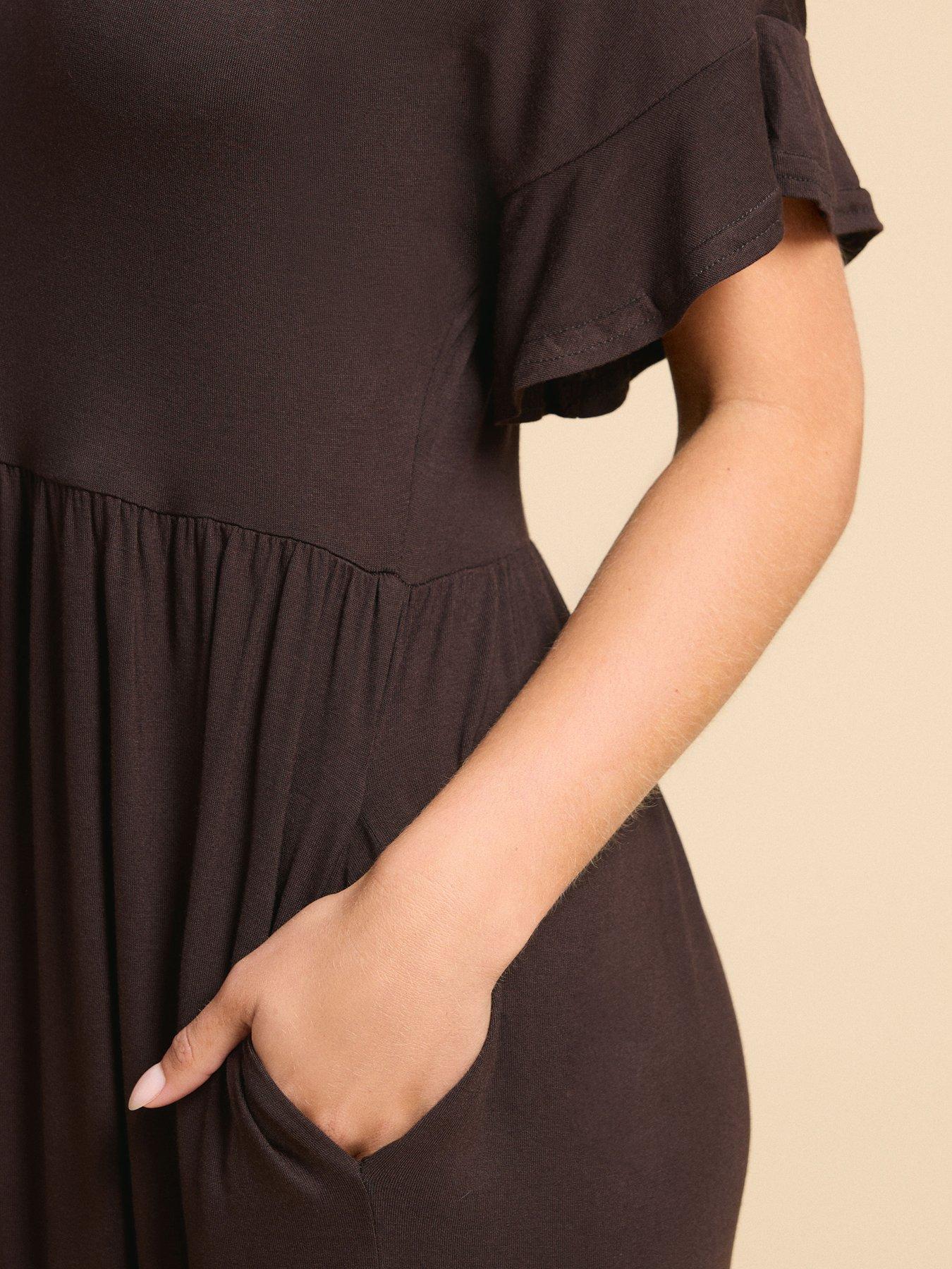 Image 4 of 4 of PixieGirl Petite Short Sleeve Frill Midi Smock Dress - Brown
