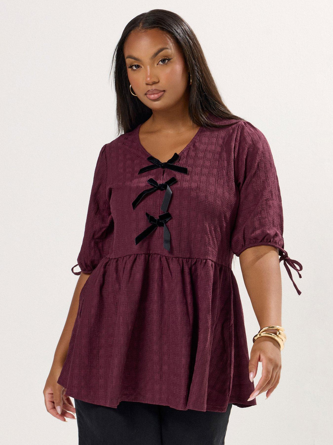 undefined Curve Textured Bow Tie Peplum Top - Burgundy Red