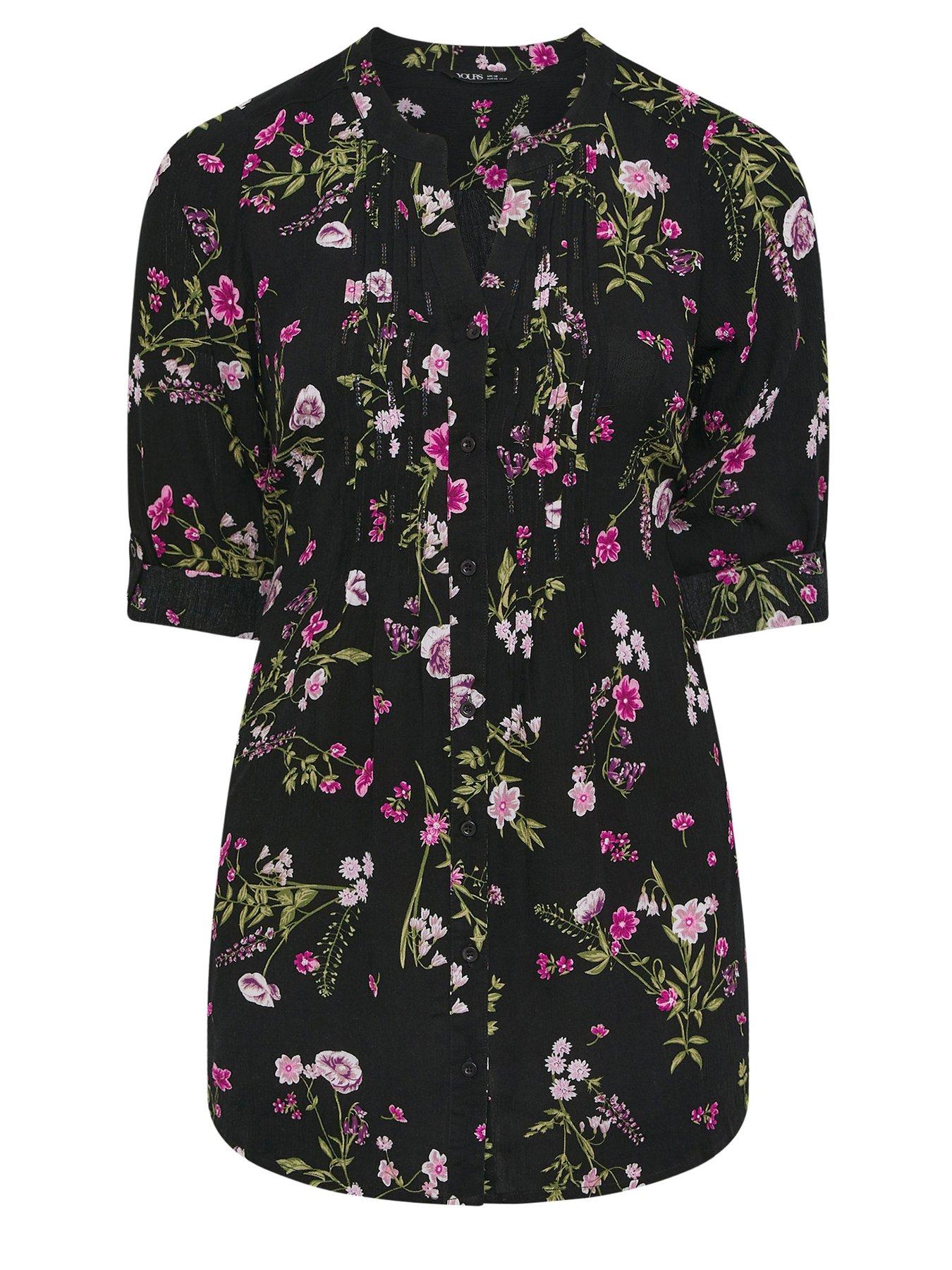 Image 5 of 5 of Yours Curve Floral Print Pintuck Blouse - Black