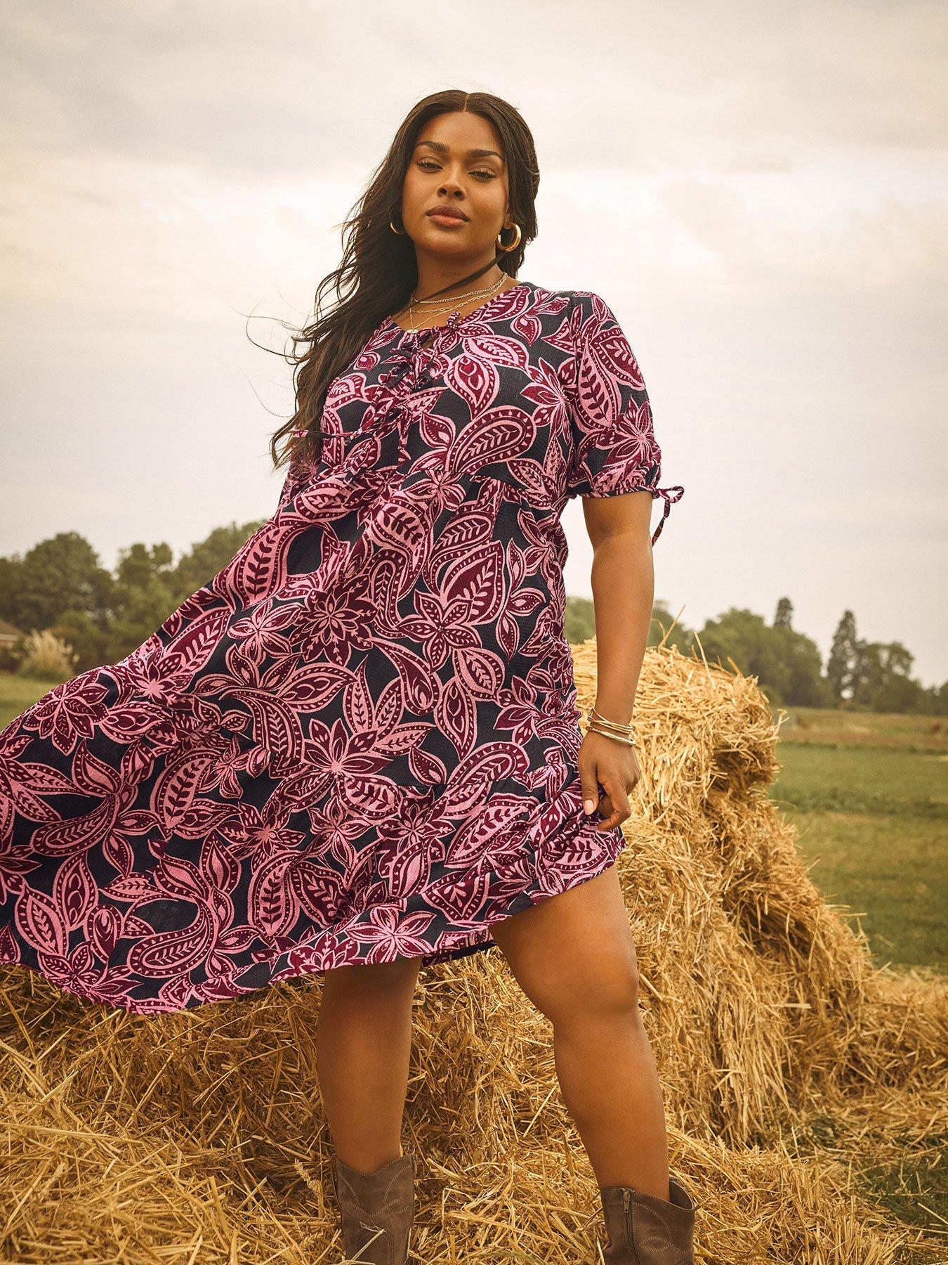 undefined Curve Puff Sleeve Bow Dress - Pink