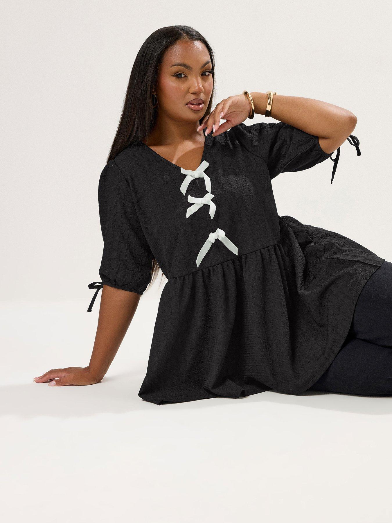 undefined Curve Puff Sleeve Bow Peplum - Black