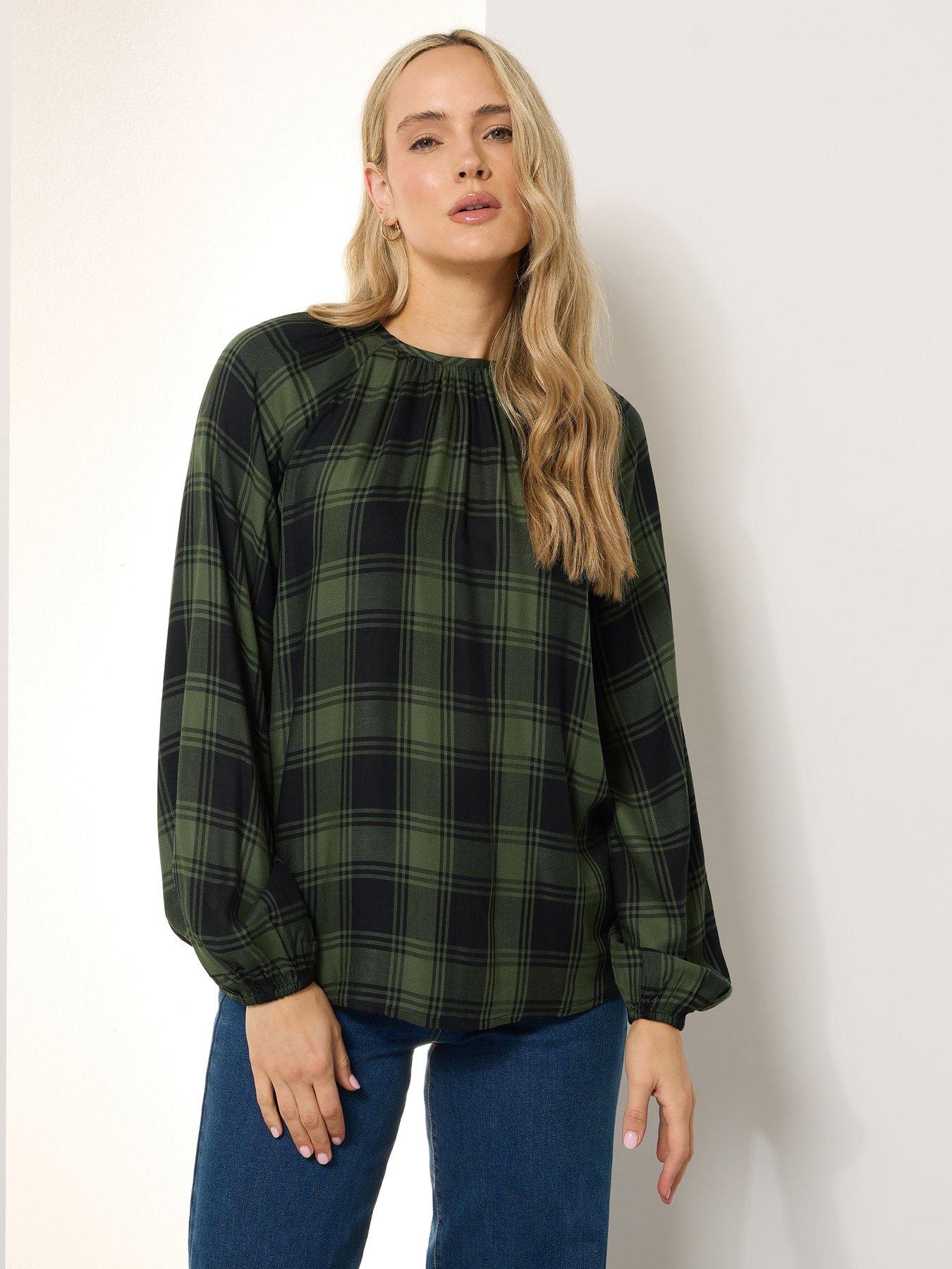 undefined Check Balloon Sleeve Blouse - Green