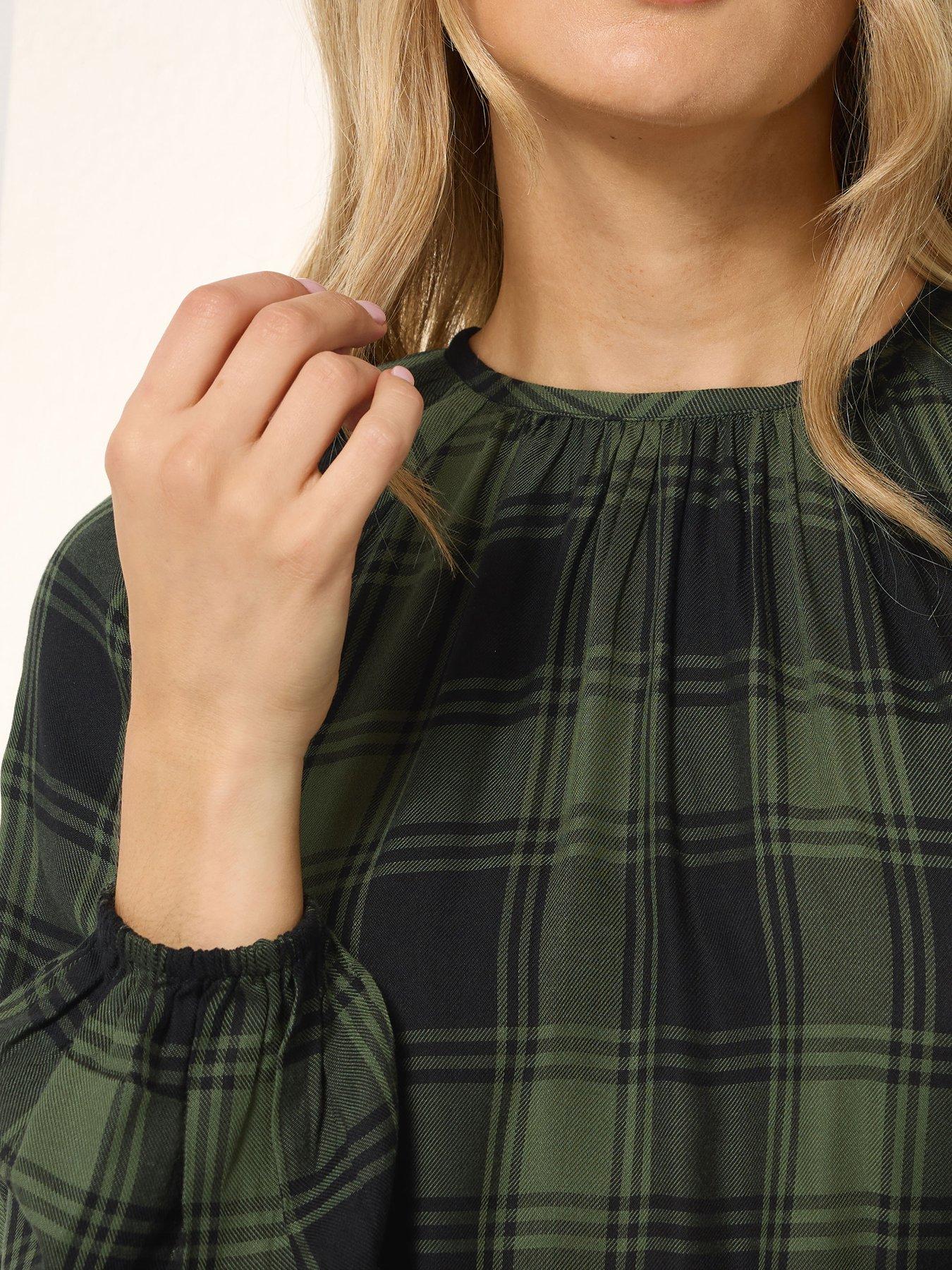 Image 4 of 4 of Long Tall Sally Check Balloon Sleeve Blouse - Green