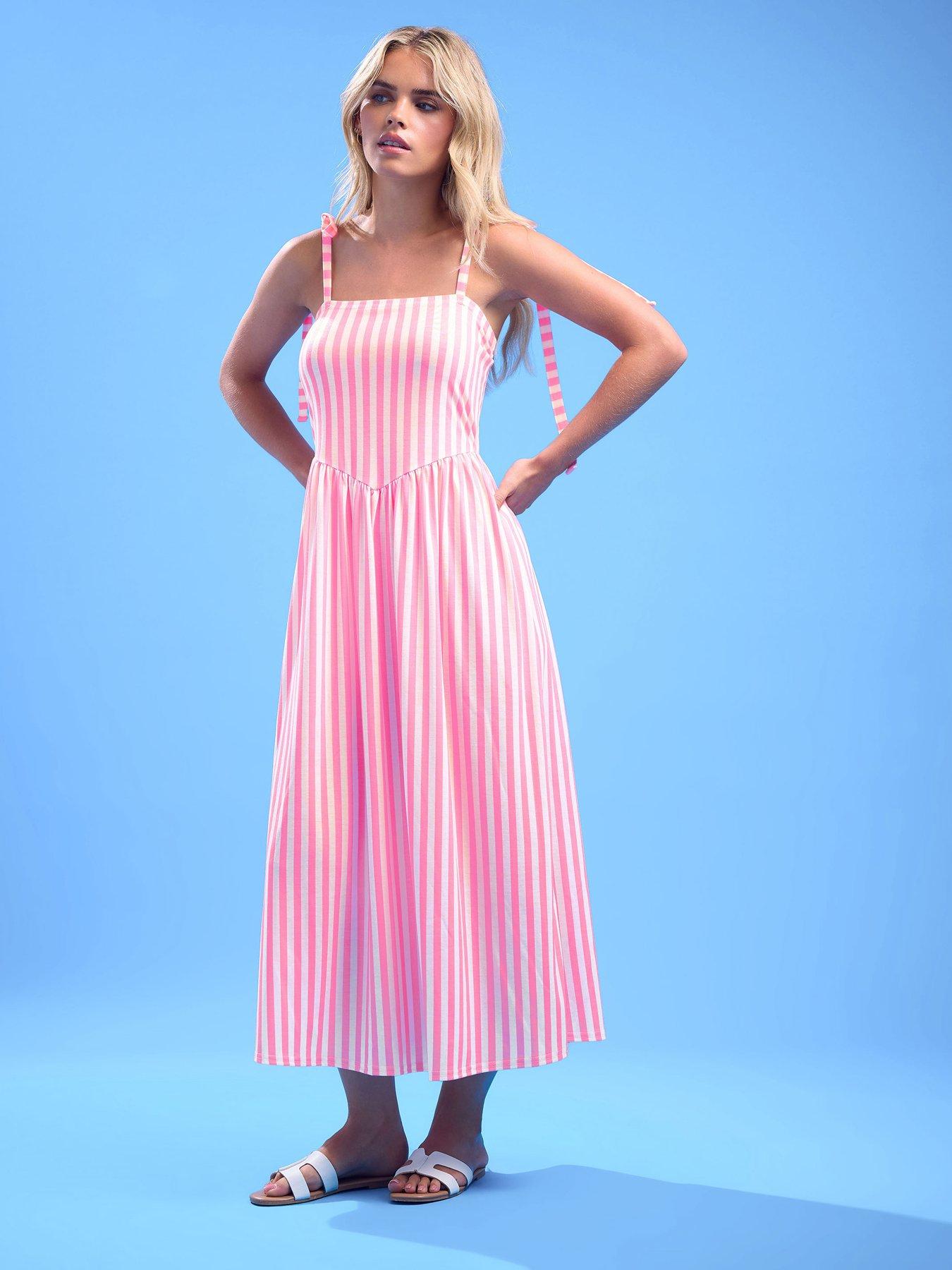 Image 1 of 5 of PixieGirl Petite Stripe Tie Shoulder Maxi Dress - Pink