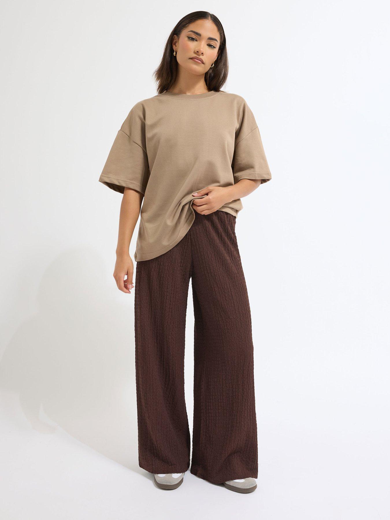 Image 1 of 4 of PixieGirl Petite Textured Wide Leg Trouser - Brown