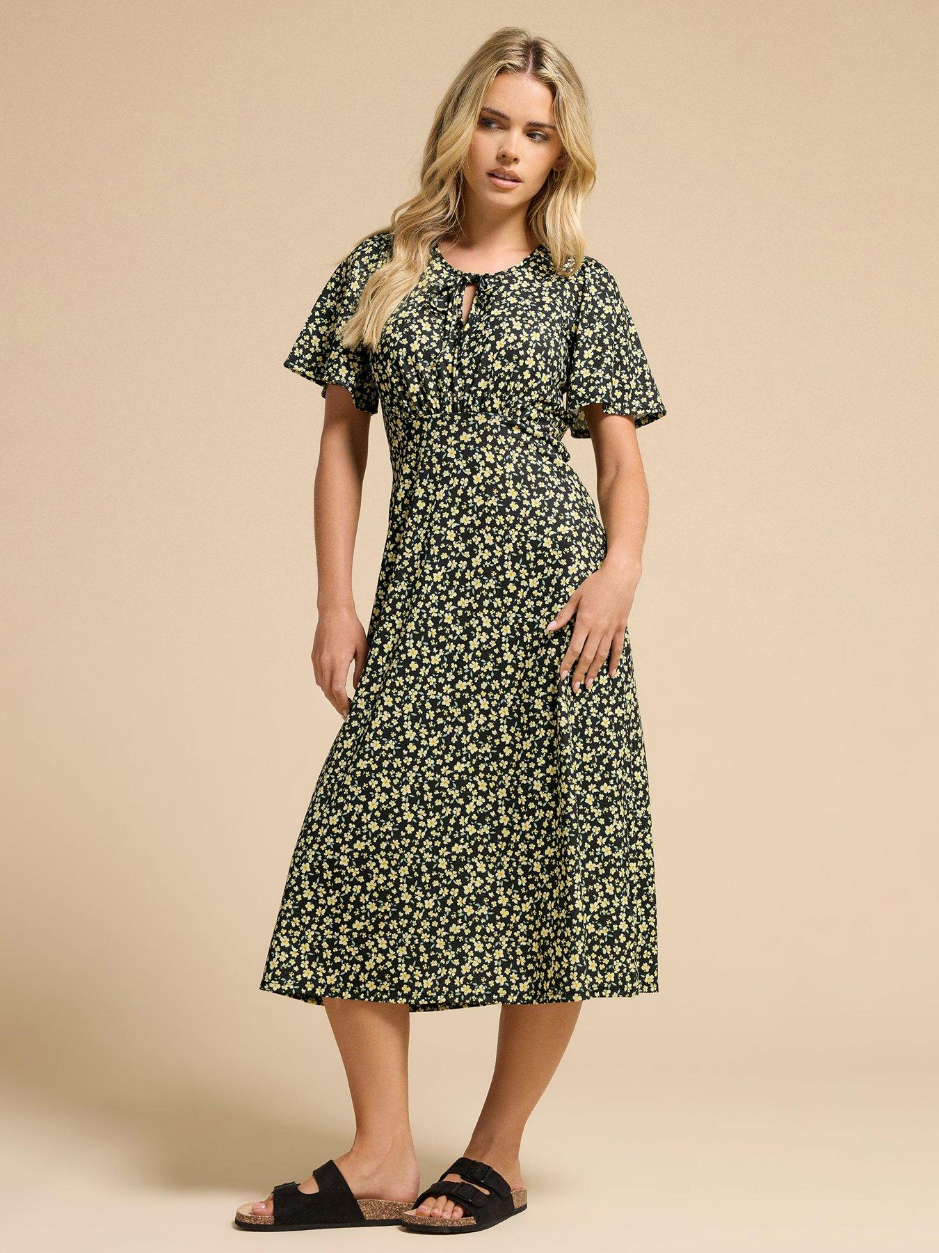 undefined Petite Tie Neck Ditsy Midi Dress - Black