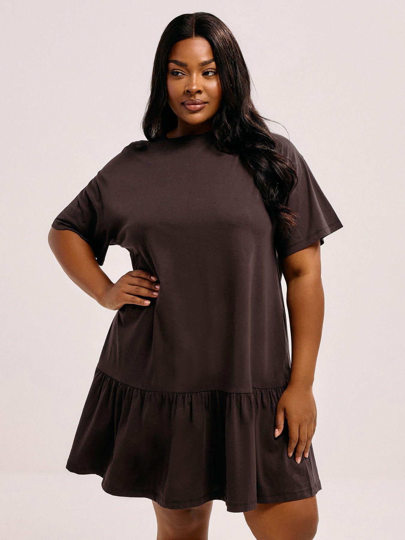 Image 1 of 5 of Yours Curve Peplum Drop Shoulder Dress - Brown