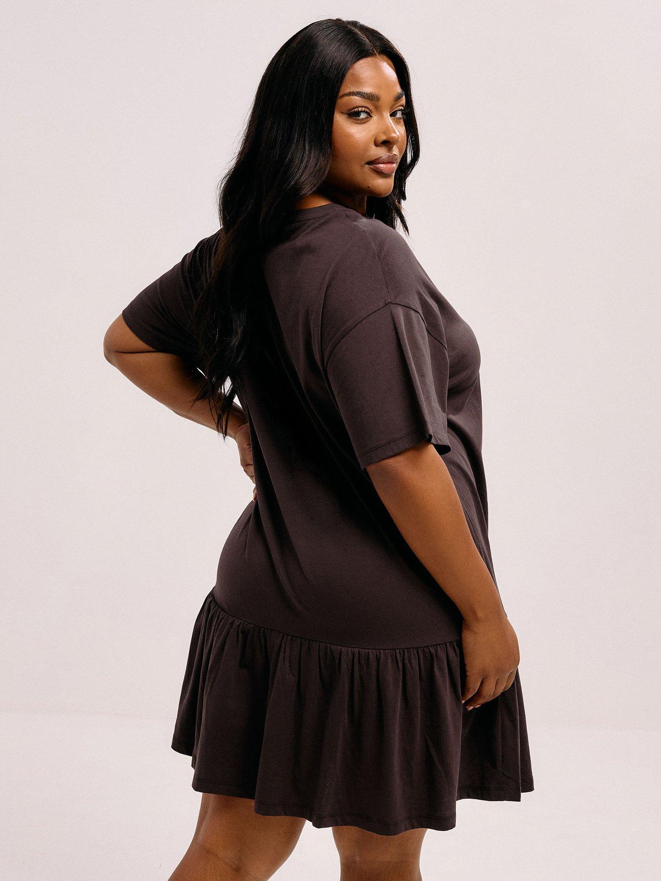 Image 2 of 5 of Yours Curve Peplum Drop Shoulder Dress - Brown