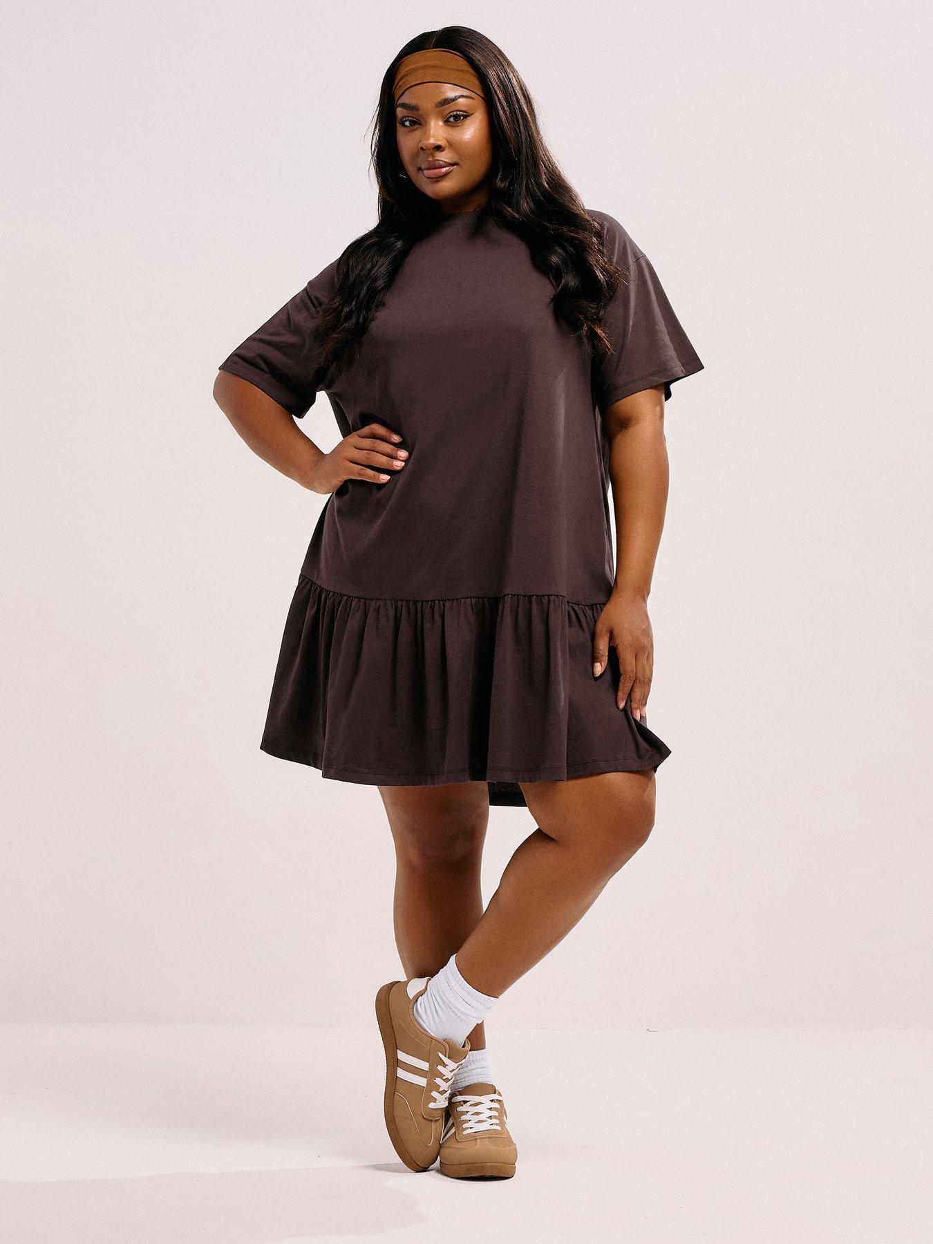 Image 3 of 5 of Yours Curve Peplum Drop Shoulder Dress - Brown