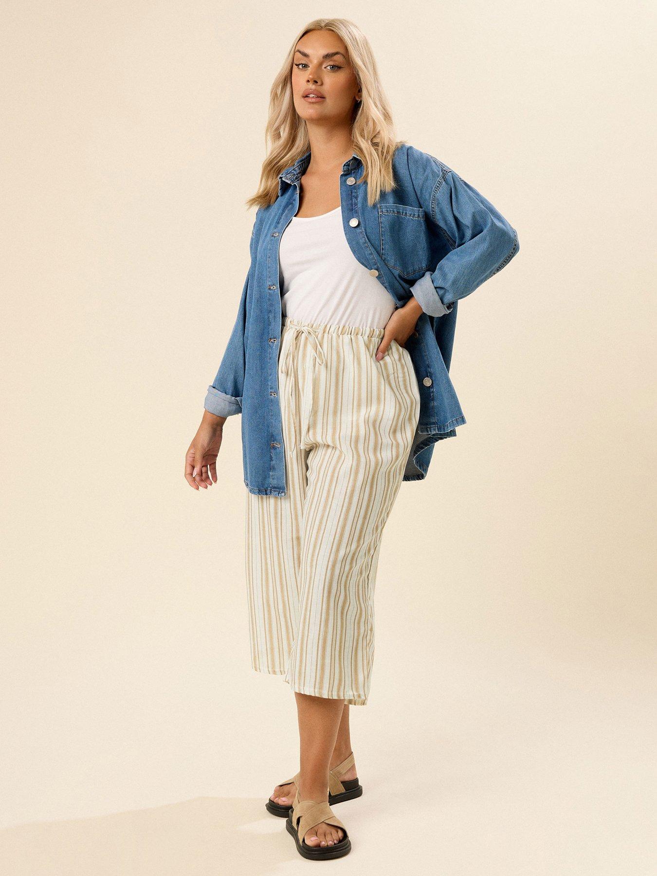 Image 3 of 5 of Yours Curve Linen Look Culotte - Natural/Brown Stripe