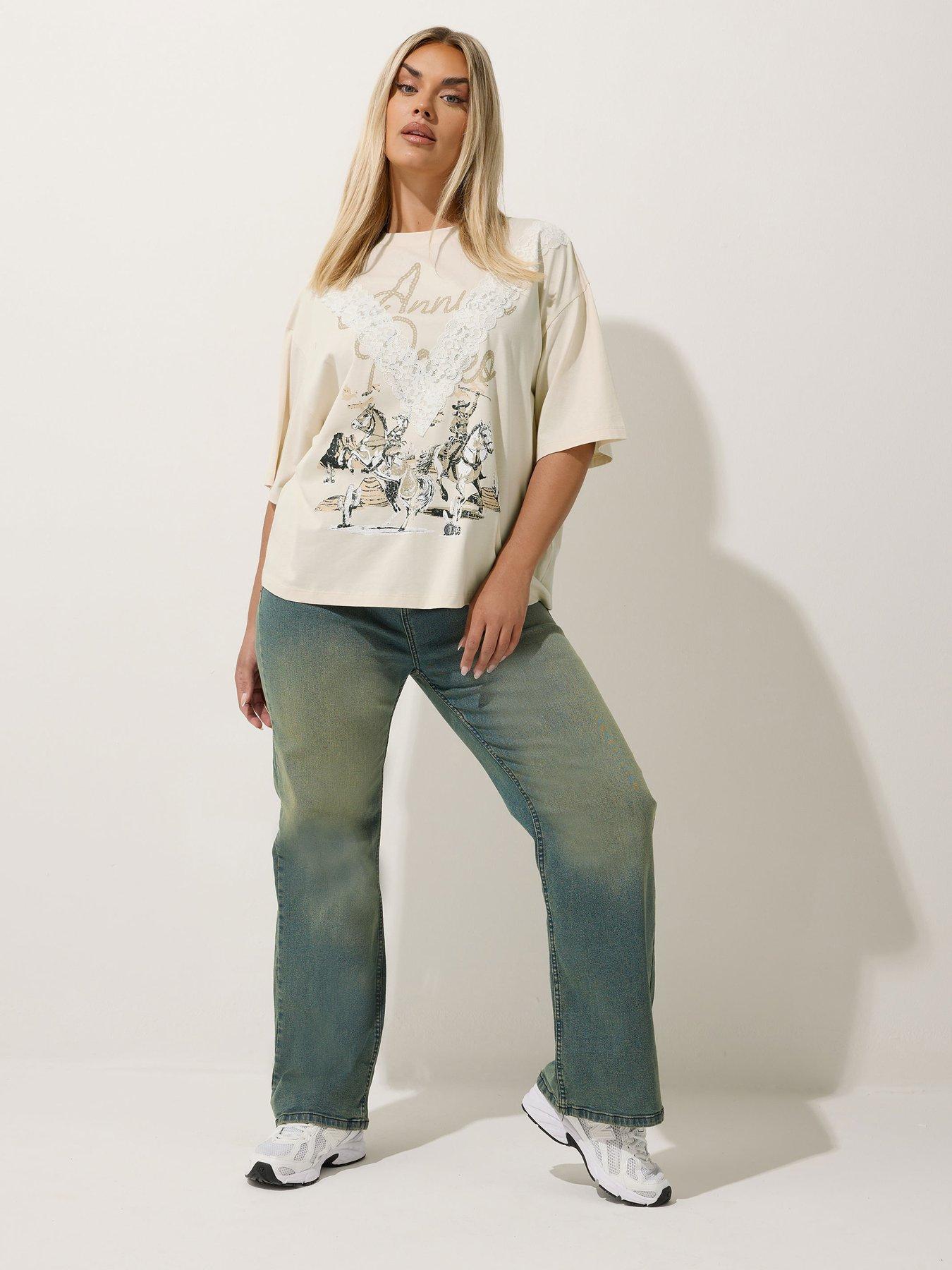 Image 3 of 4 of Yours Curve Western Acid Wash Lace T-Shirt - Natural