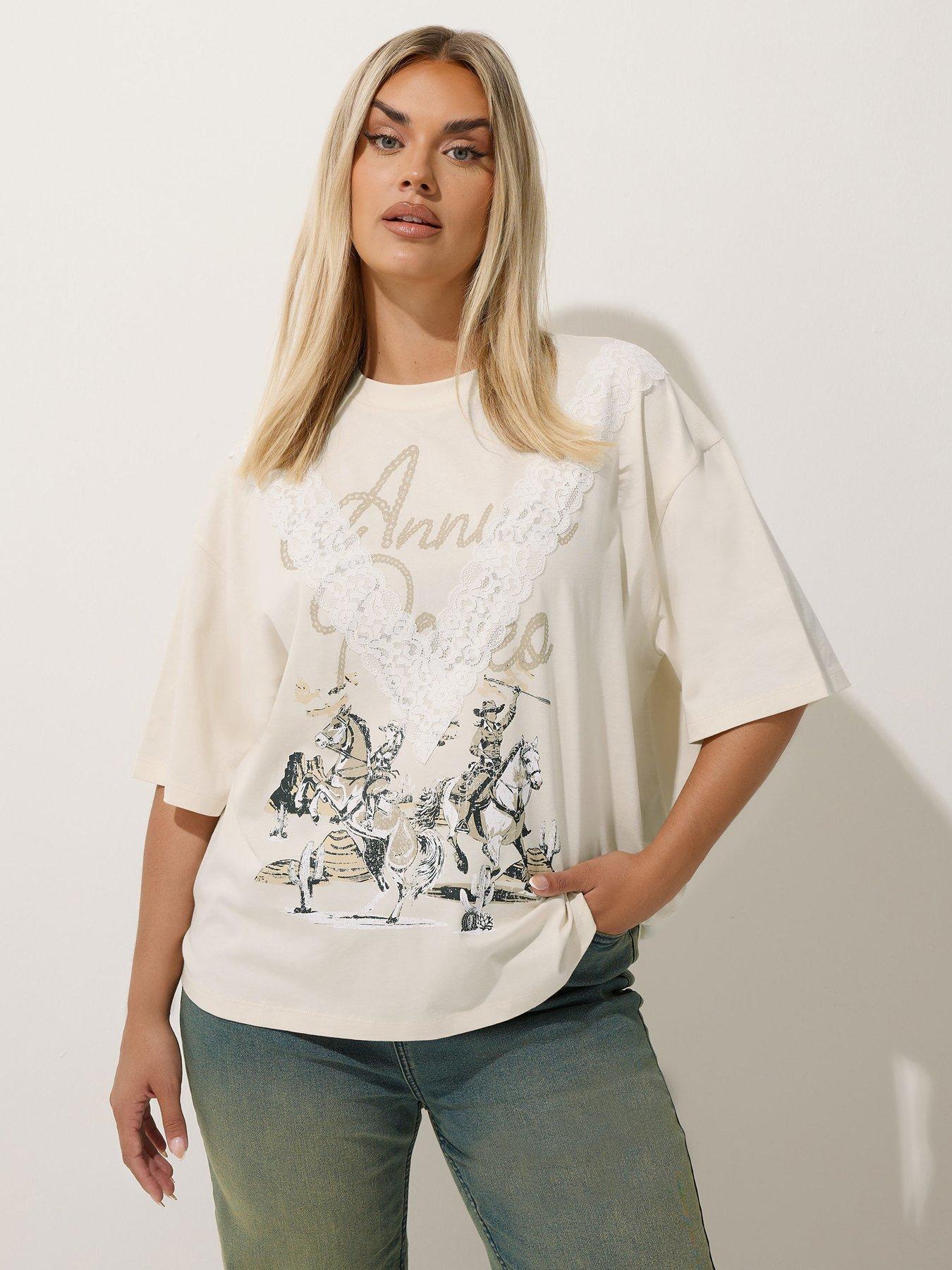 Image 4 of 4 of Yours Curve Western Acid Wash Lace T-Shirt - Natural