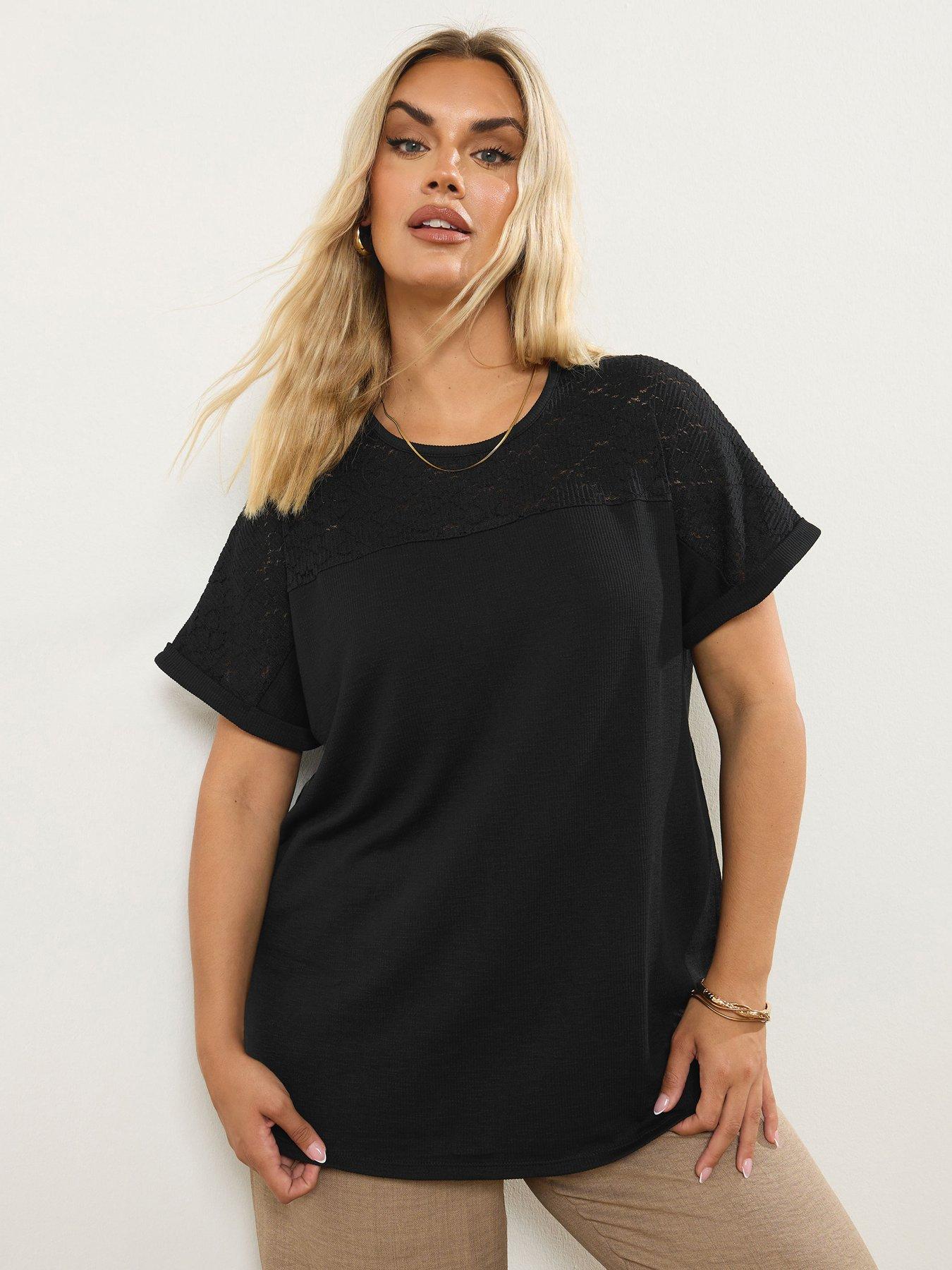 undefined Curve Lace Regular Crew Neck Lace Panel T-Shirt - Black