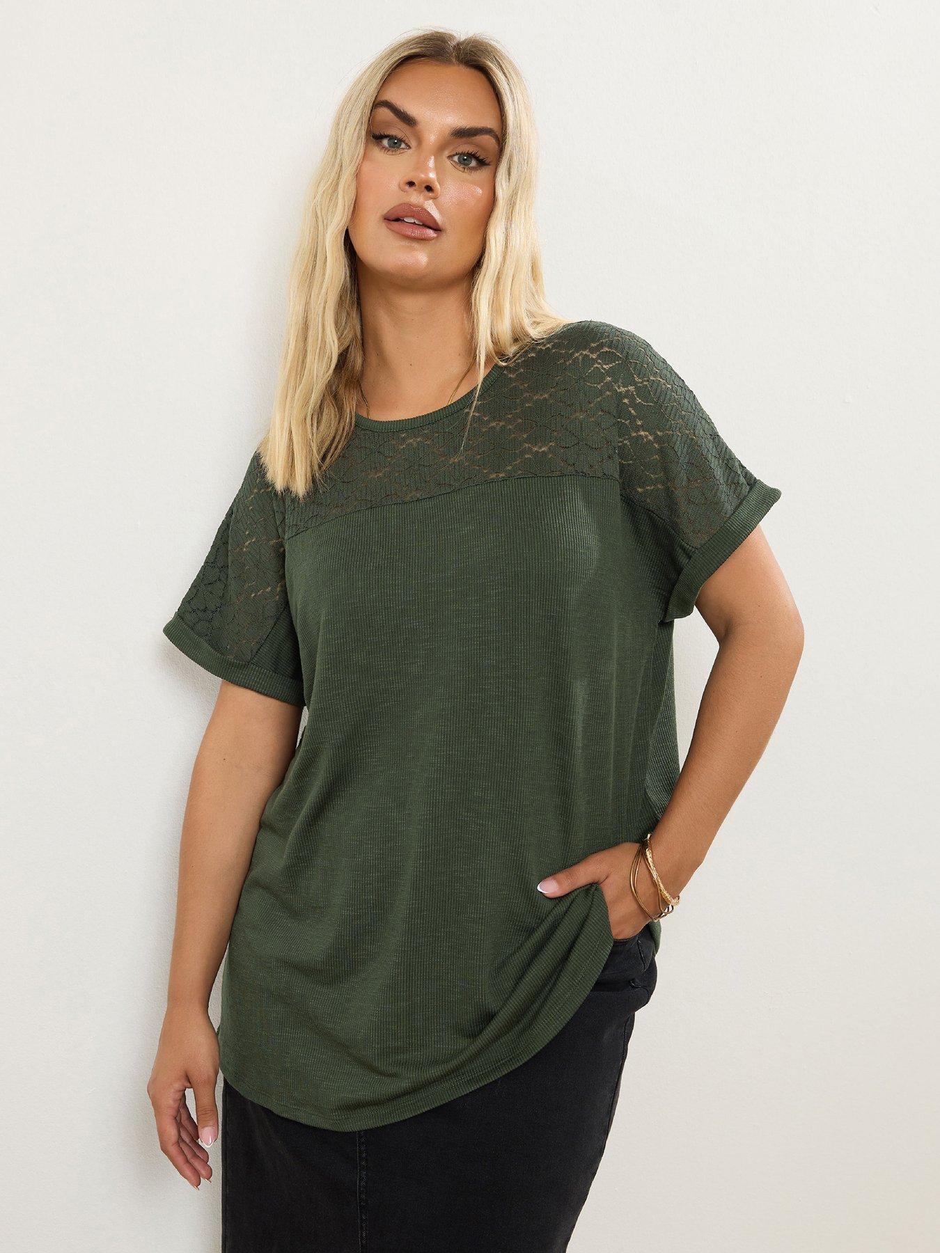 undefined Curve Lace Panel Slub T-Shirt - Green