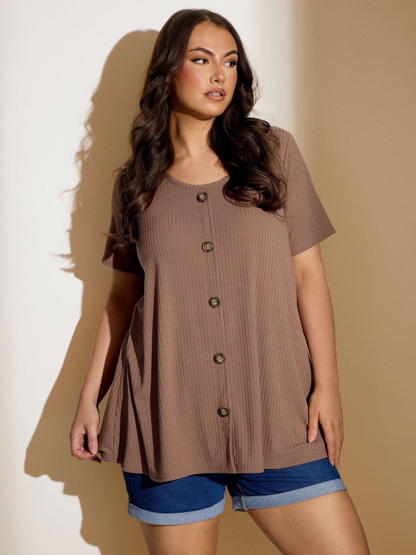undefined Curve Button Rib Swing T-Shirt - Brown