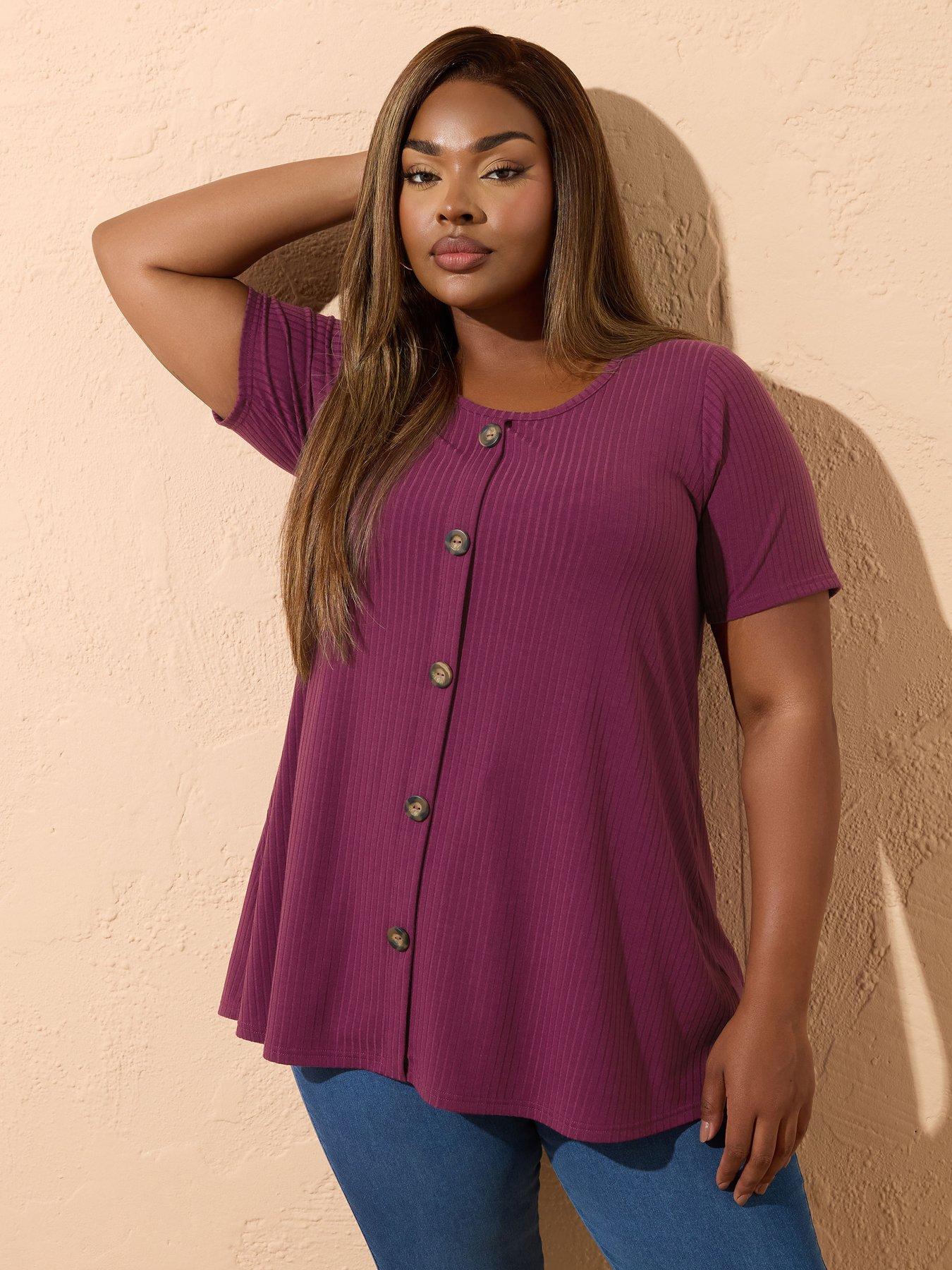 undefined Curve Button Rib Swing T-Shirt - Purple
