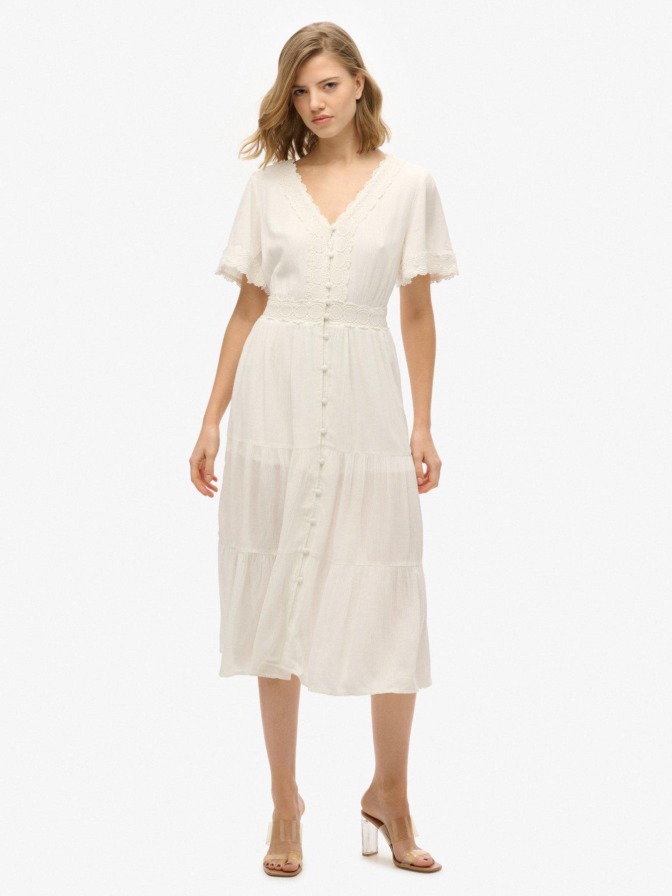 Superdry Ibiza Short Sleeve Midi Tea Dress, Cream, Size 14, Women