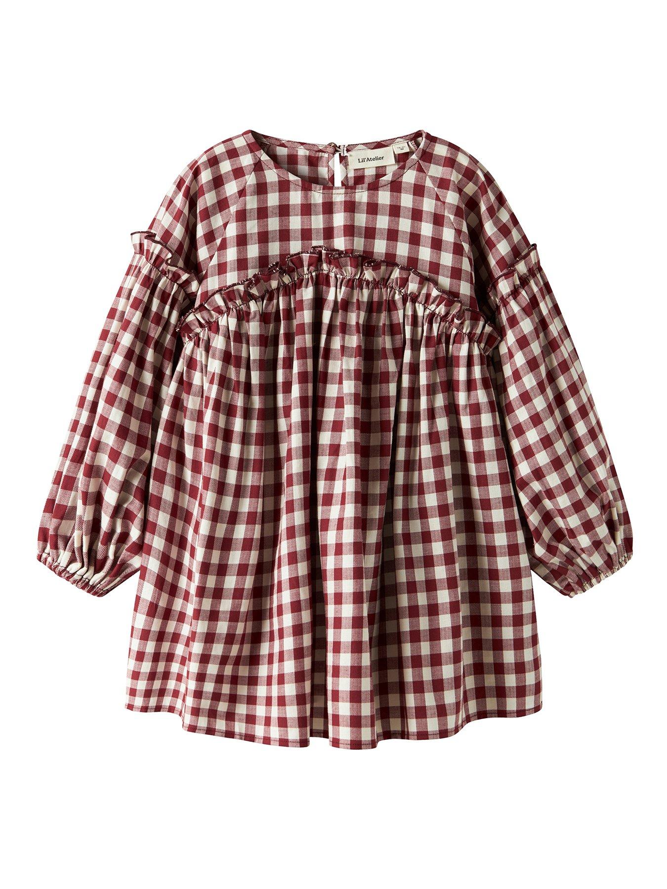Lil Atelier Mini Girls Long Sleeve Gingham Dress - Red | Very