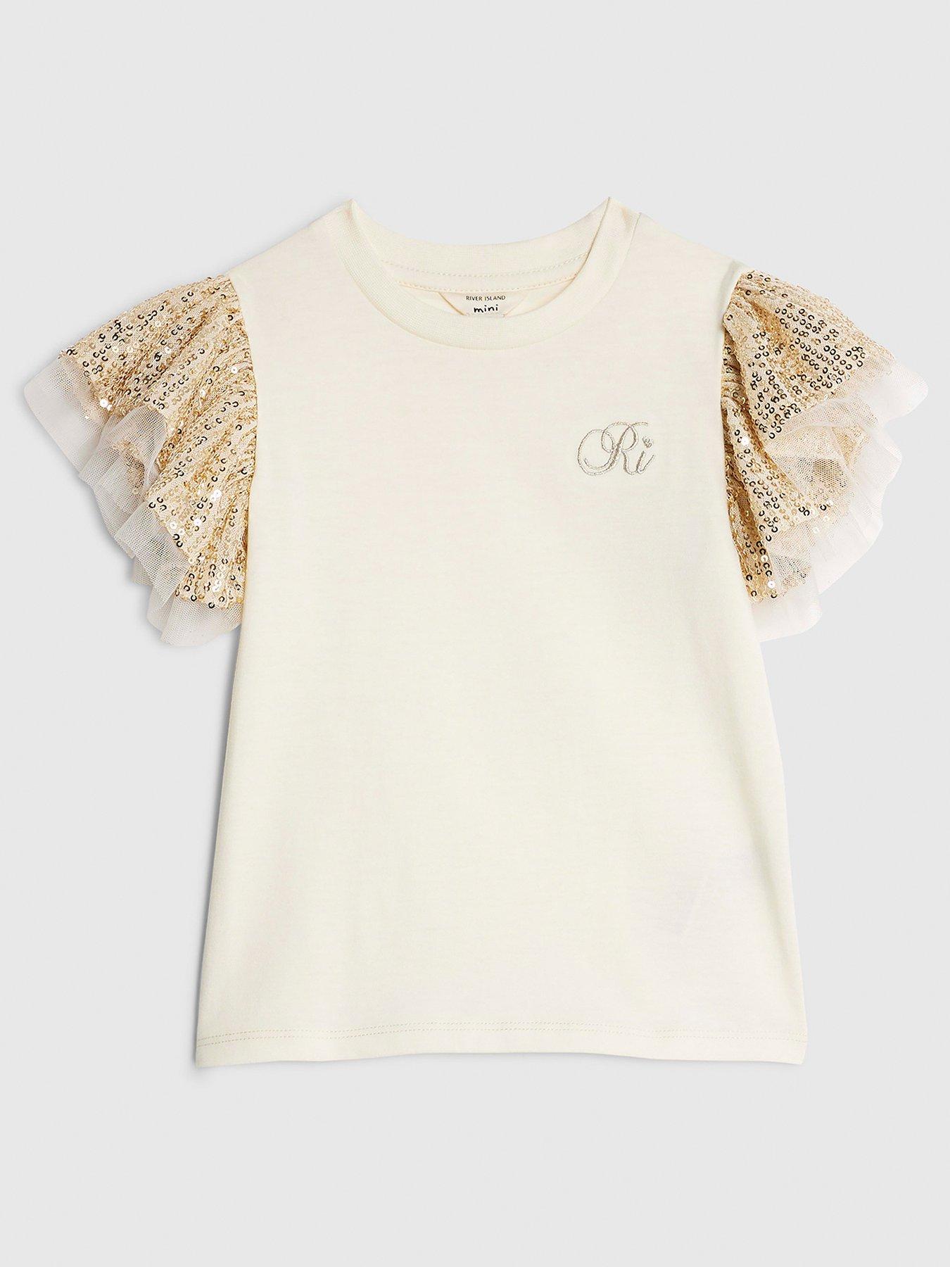 River Island Mini Girls Sequin Frill T-Shirt - Cream